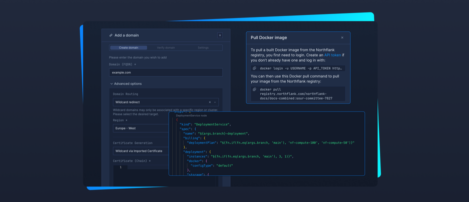Header image for changelog:  Introducing Wildcard Certificates, Template Functions & Northflank Registry