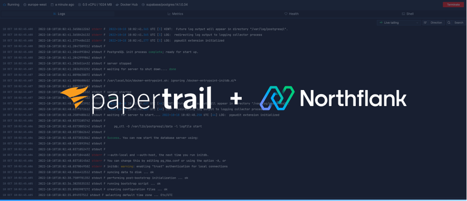 Header image for blog post: Send logs to Papertrail from Northflank
