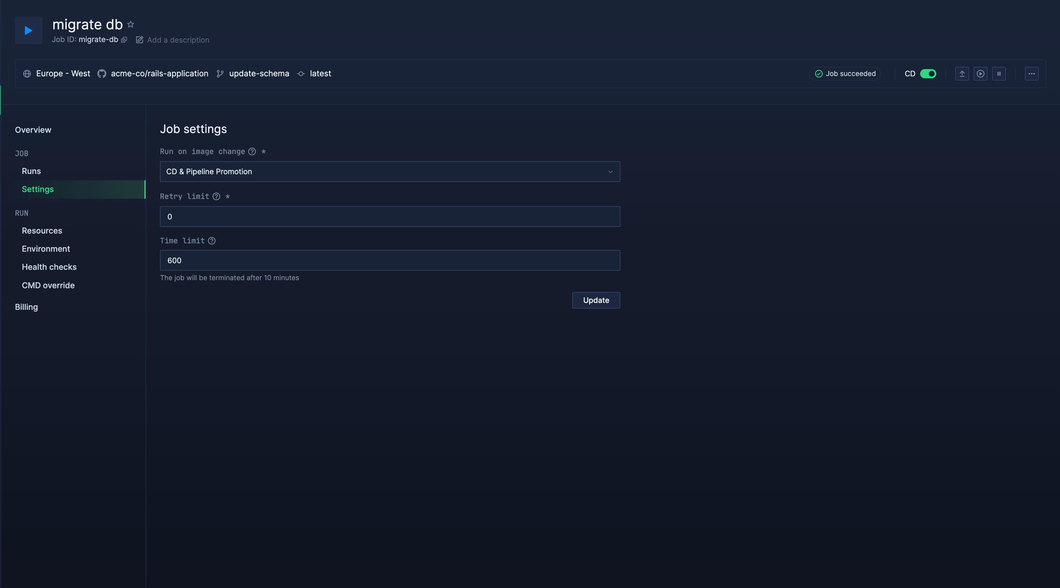 Job settings to trigger a run executing a migration when a new build is available