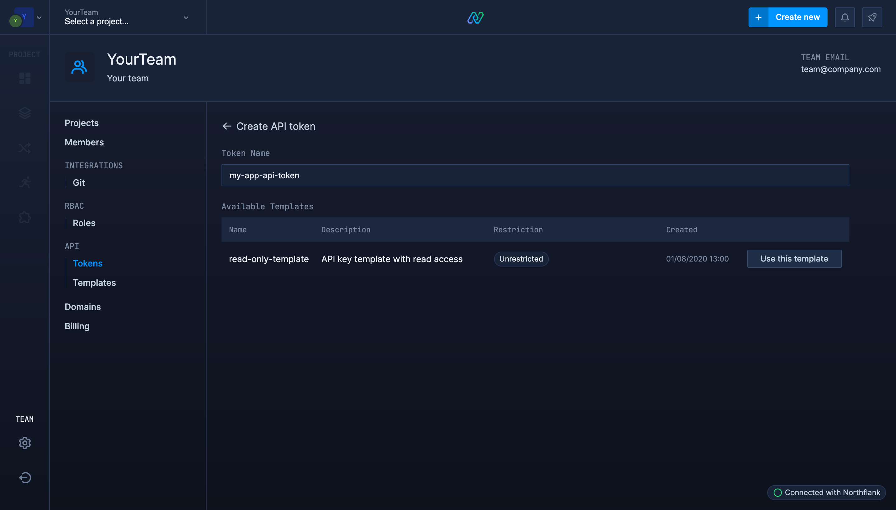 Create team API key template