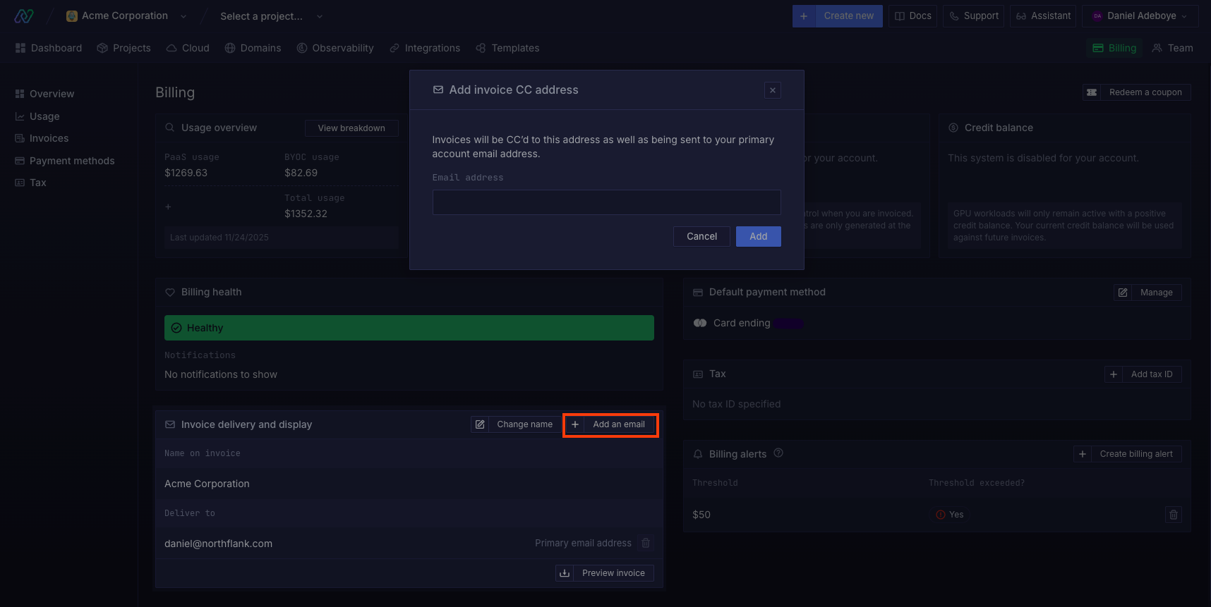 Invoice delivery email section in the Northflank application