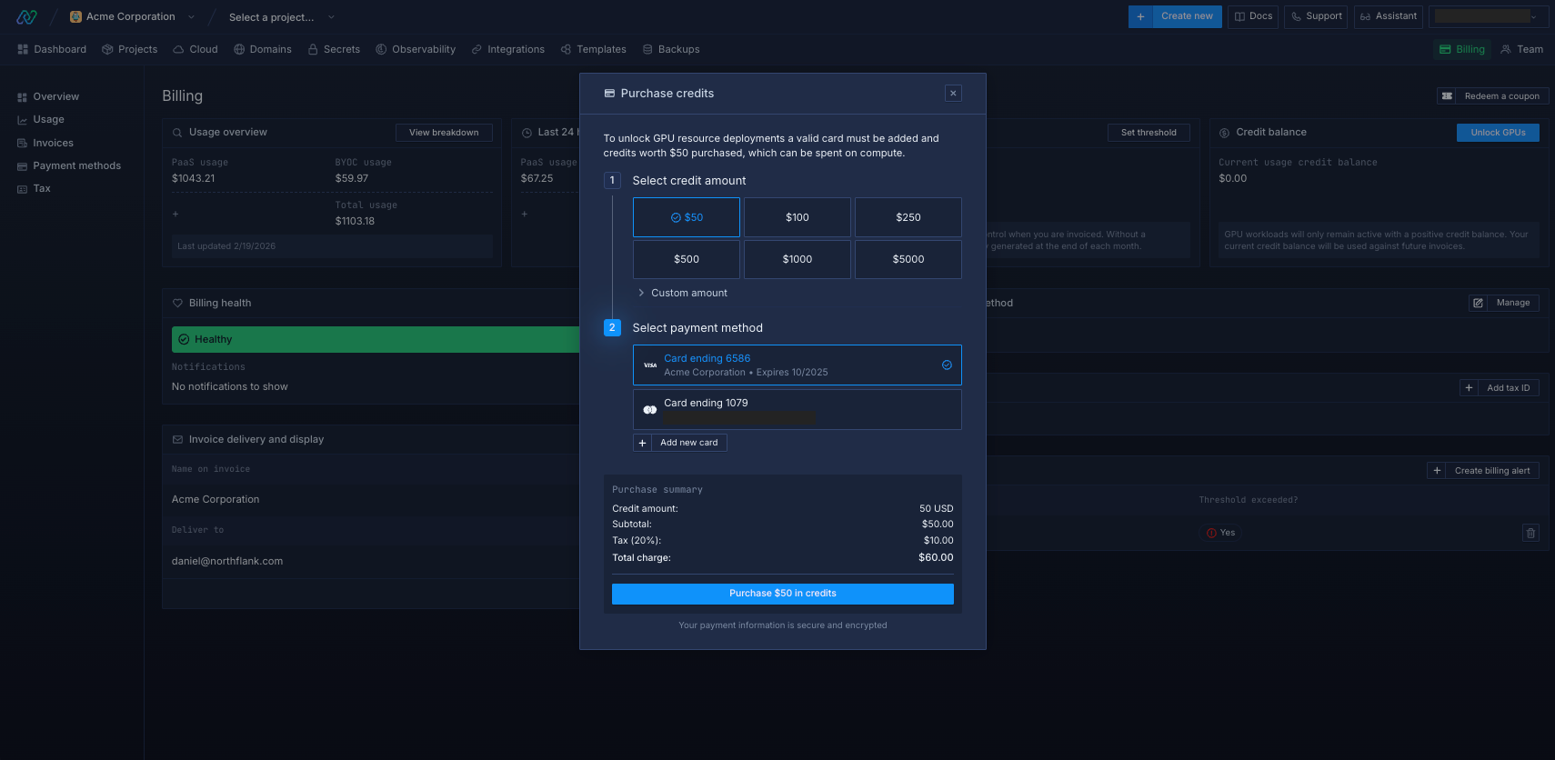 Credit purchase amount selection dropdown in billing interface