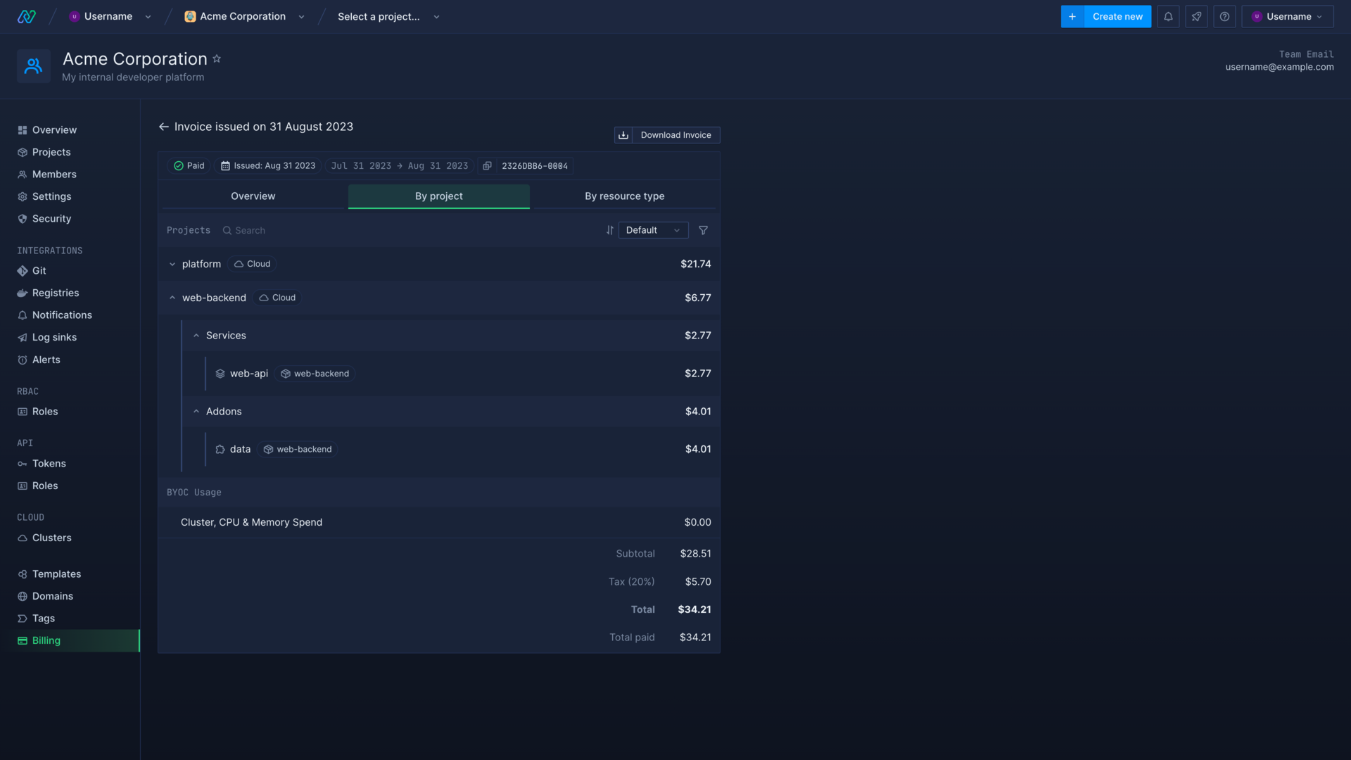 An invoice in the Northflank application