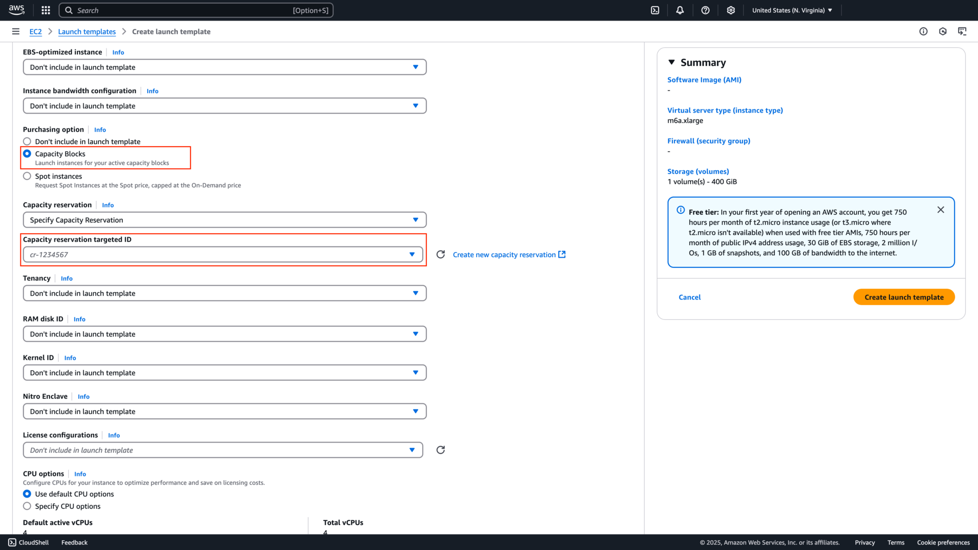 Choosing a Capacity Block for an AWS Launch Template in the AWS console