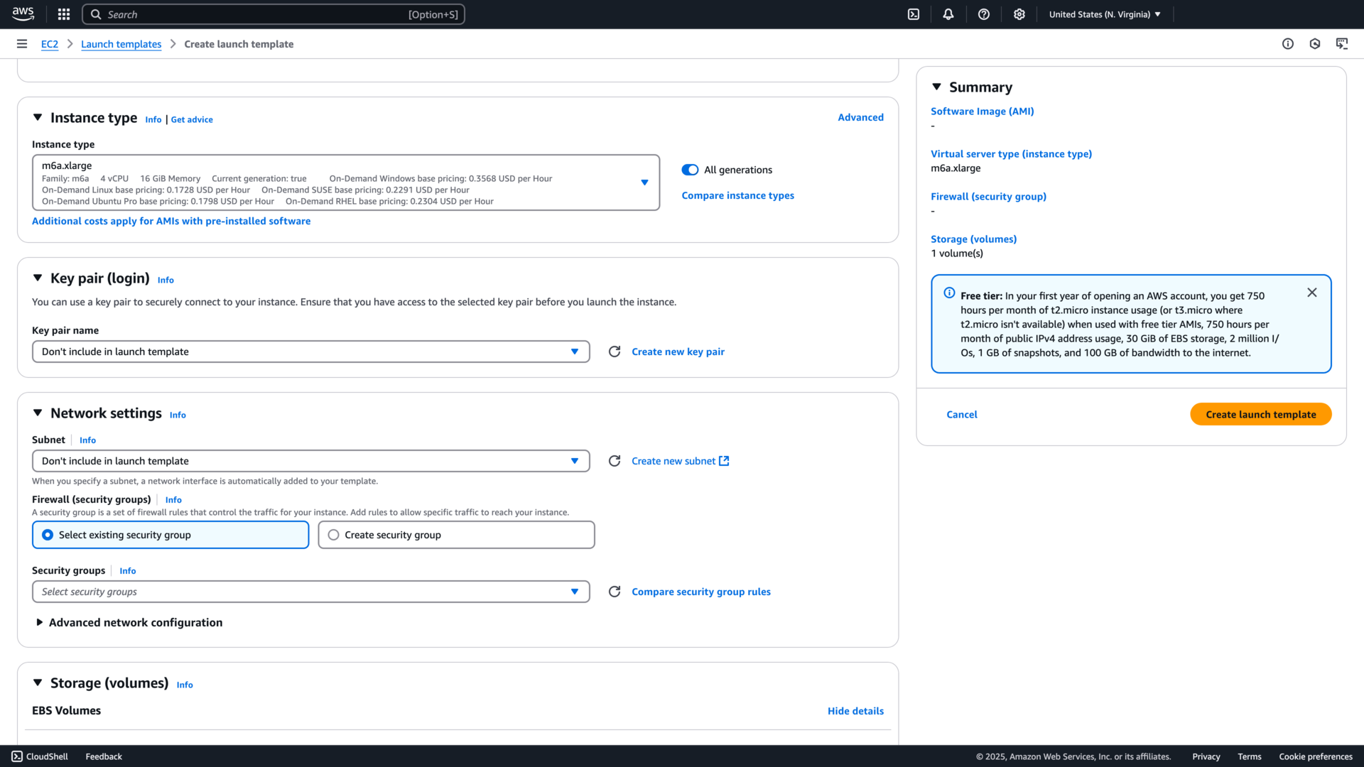Selecting an instance for an AWS Launch Template in the AWS console