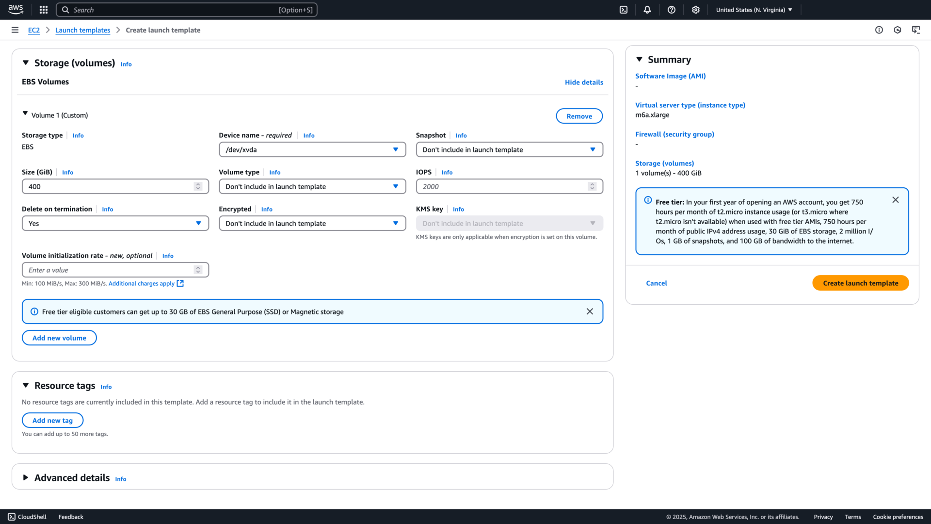 Adding a volume in an AWS Launch Template in the AWS console
