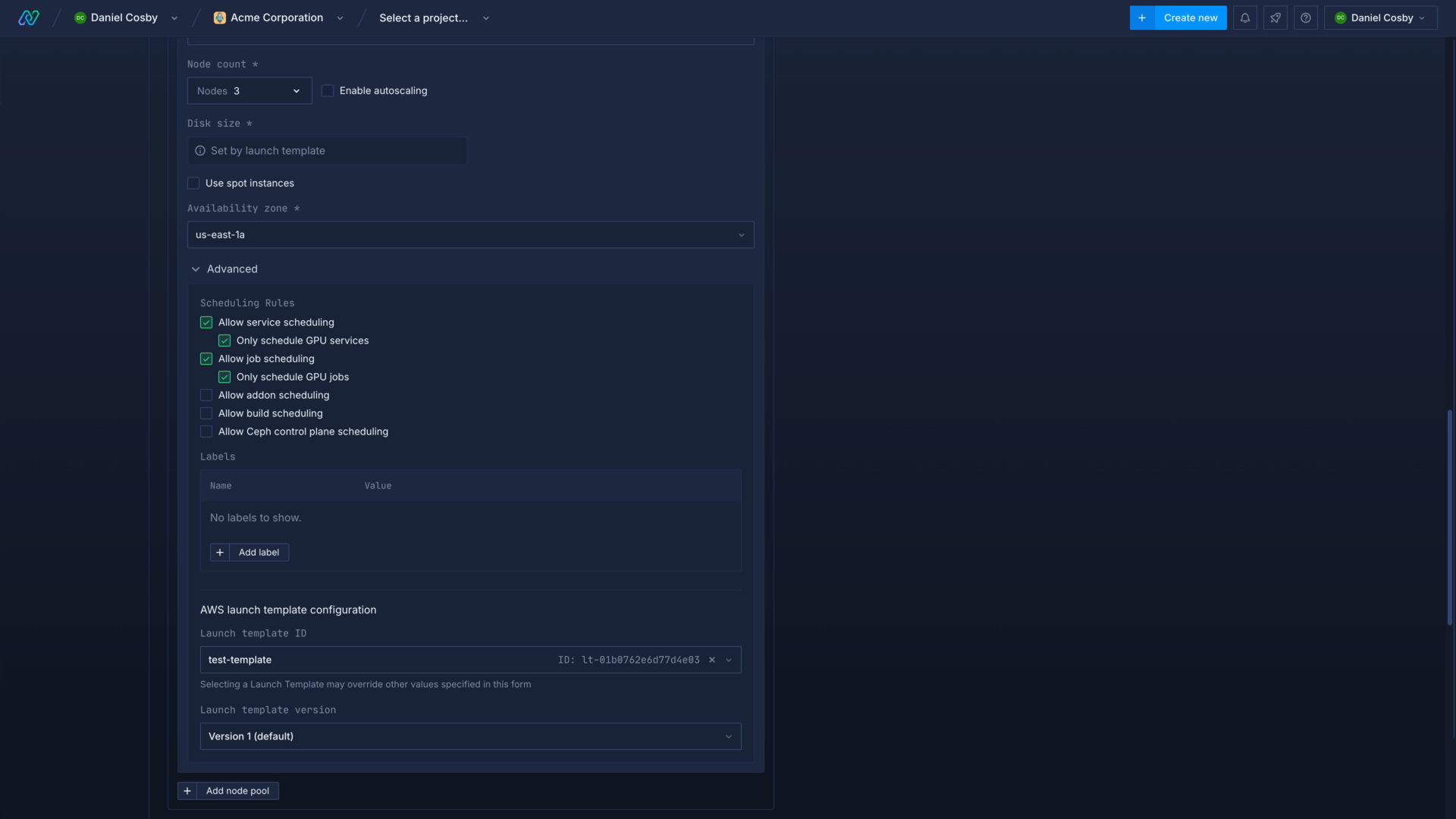 Creating a node pool with an AWS Launch Template in the Northflank application