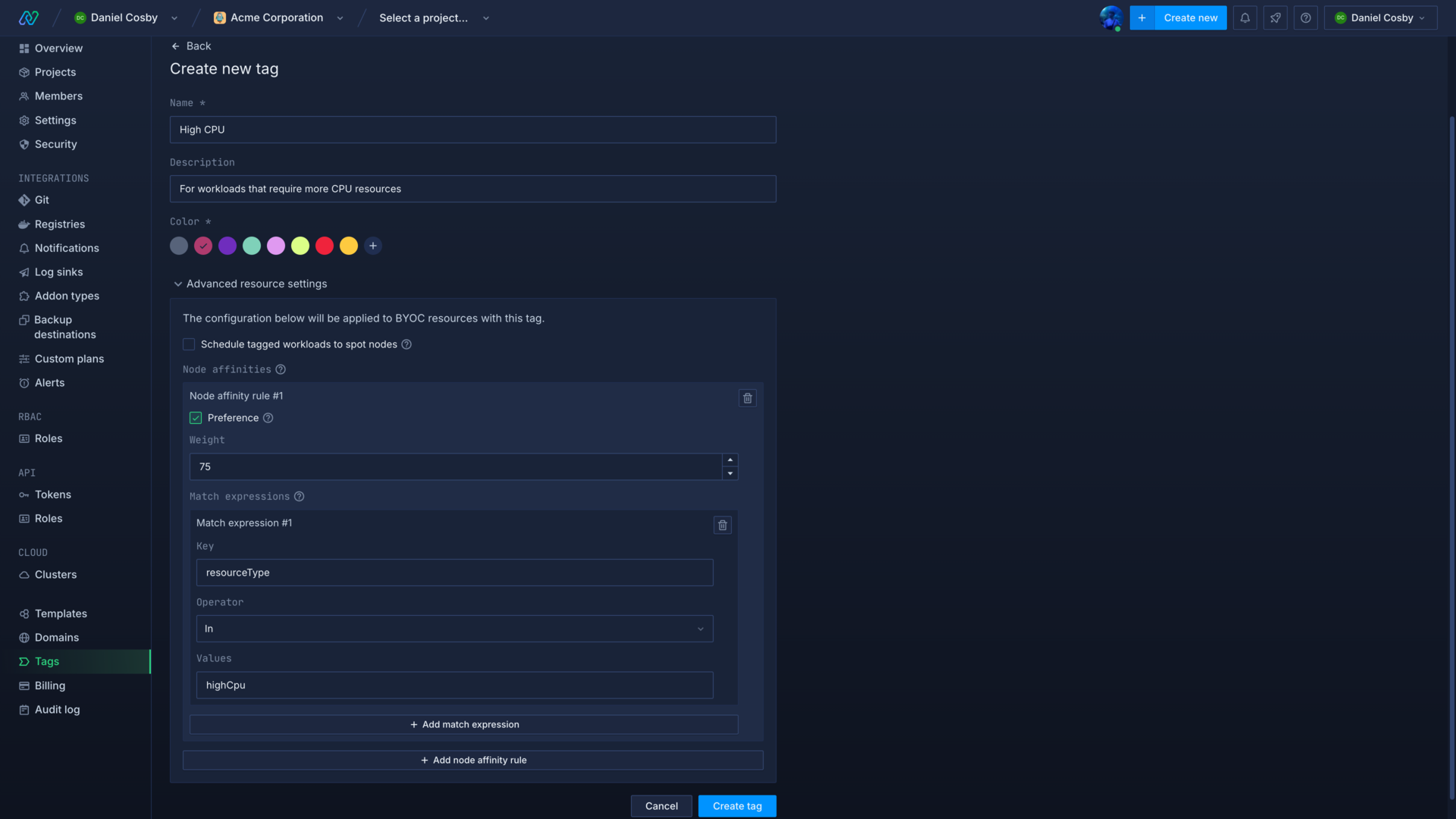 Creating node affinity rules in the Northflank application