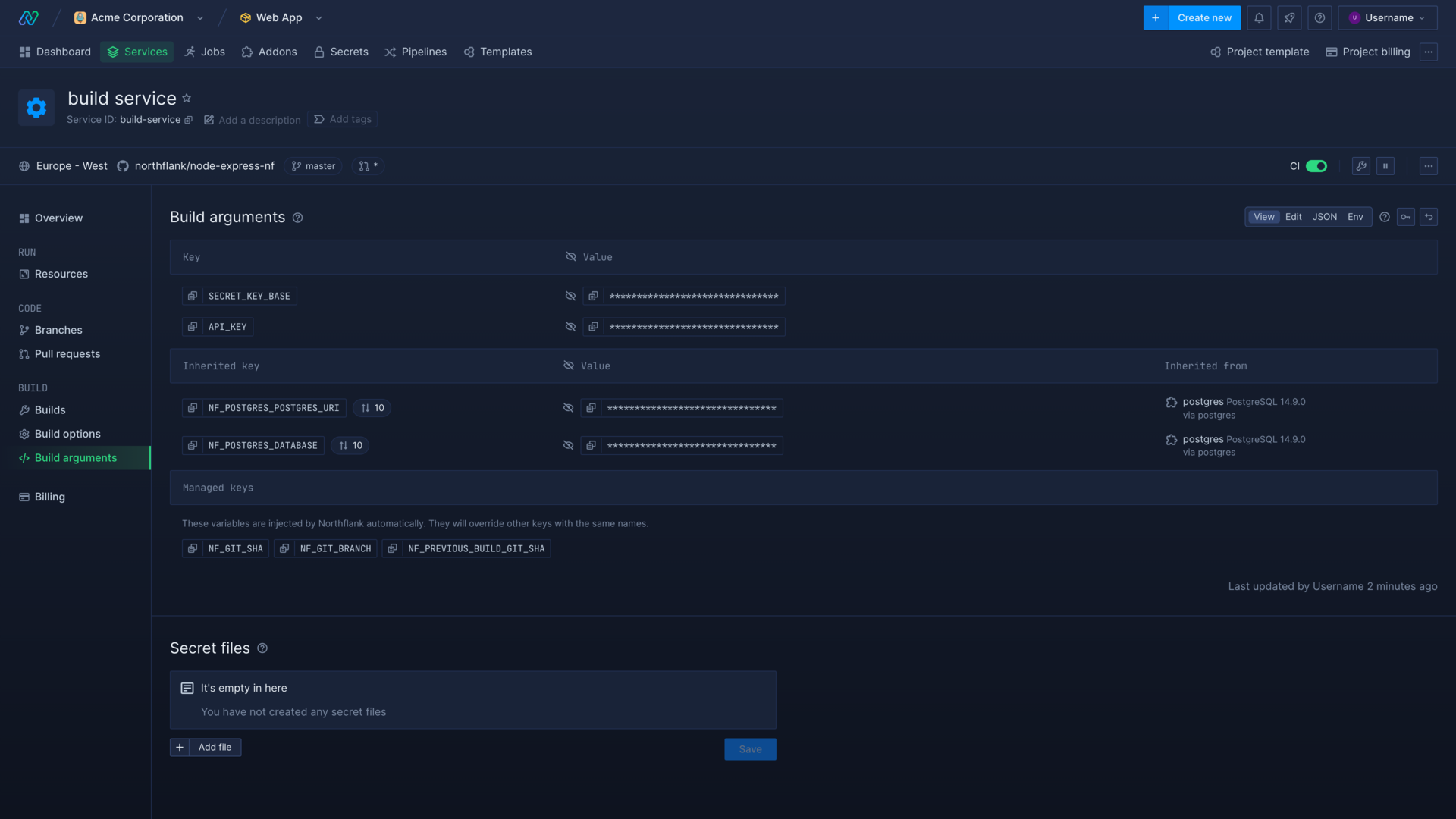 Build arguments editor in the Northflank application