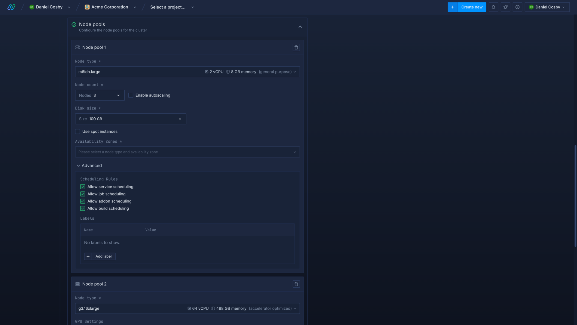 Creating new node pools in the Northflank application