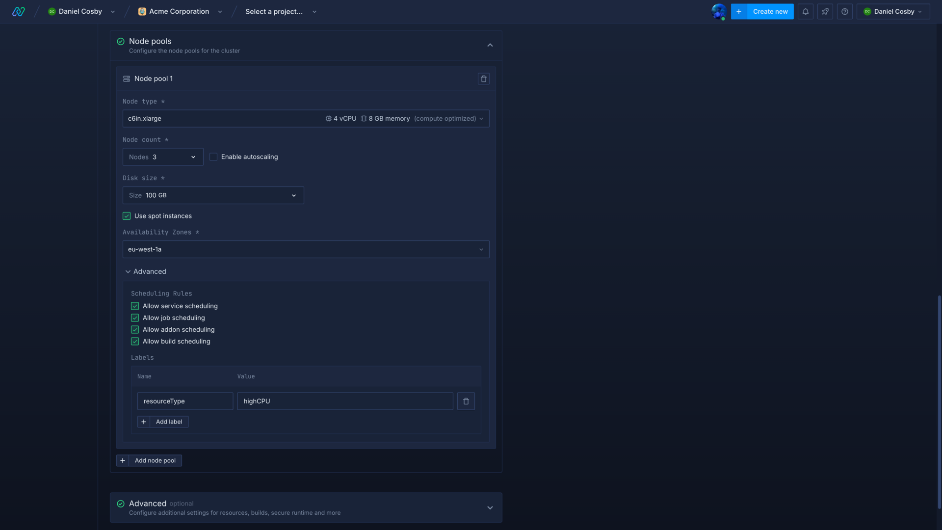 Creating node pool labels in the Northflank application