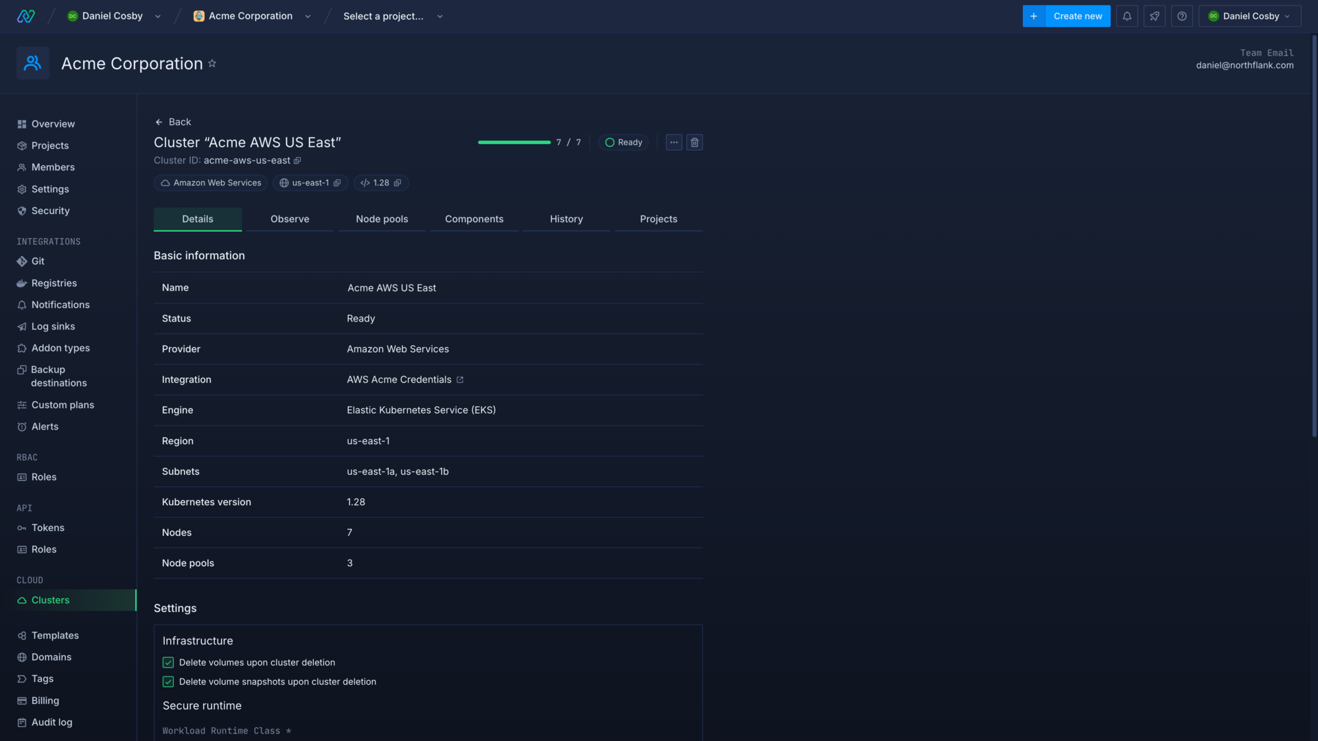 Viewing the details of a cluster in the Northflank application