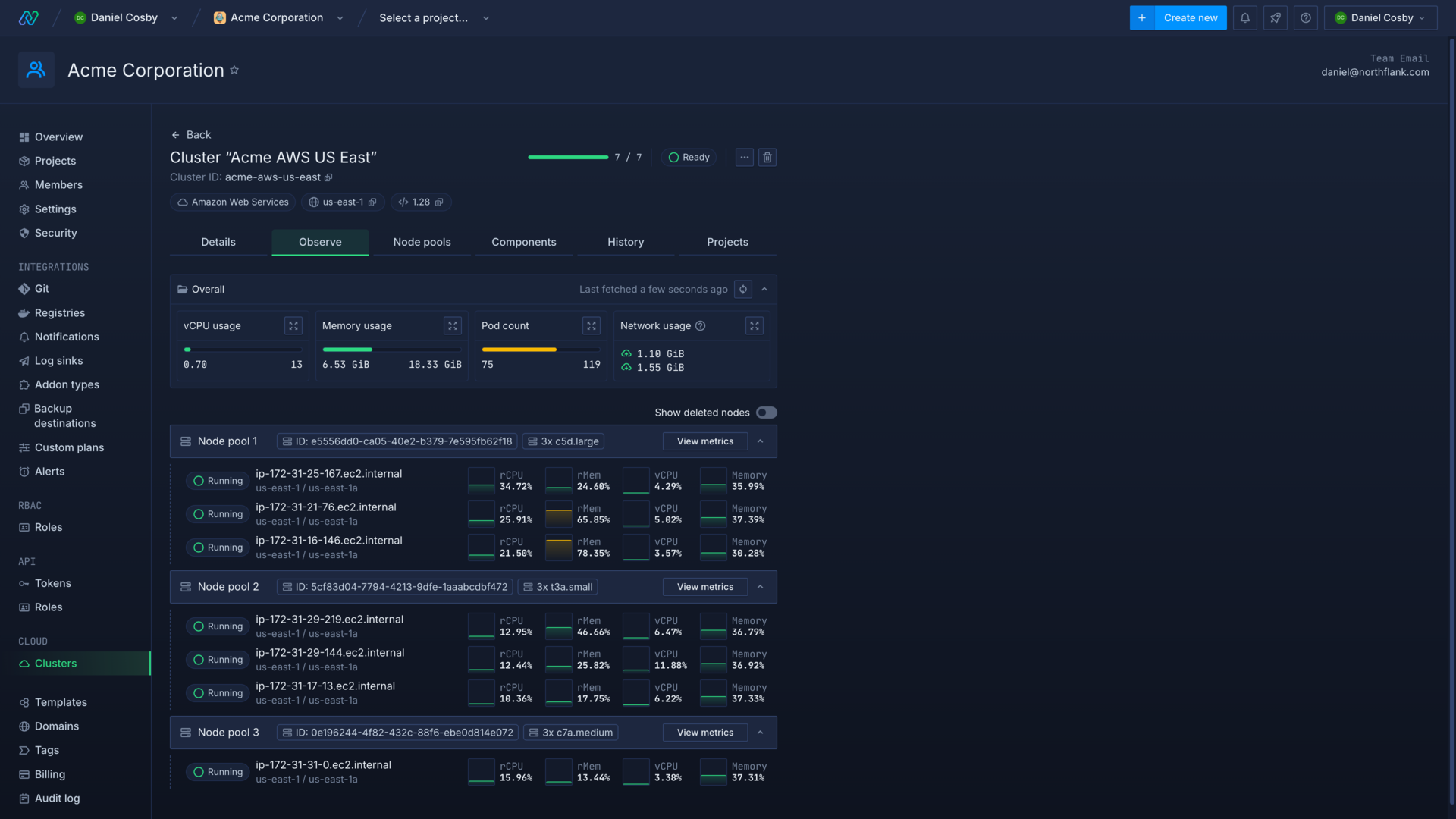 Viewing the metrics and deployed nodes of a cluster in the Northflank application