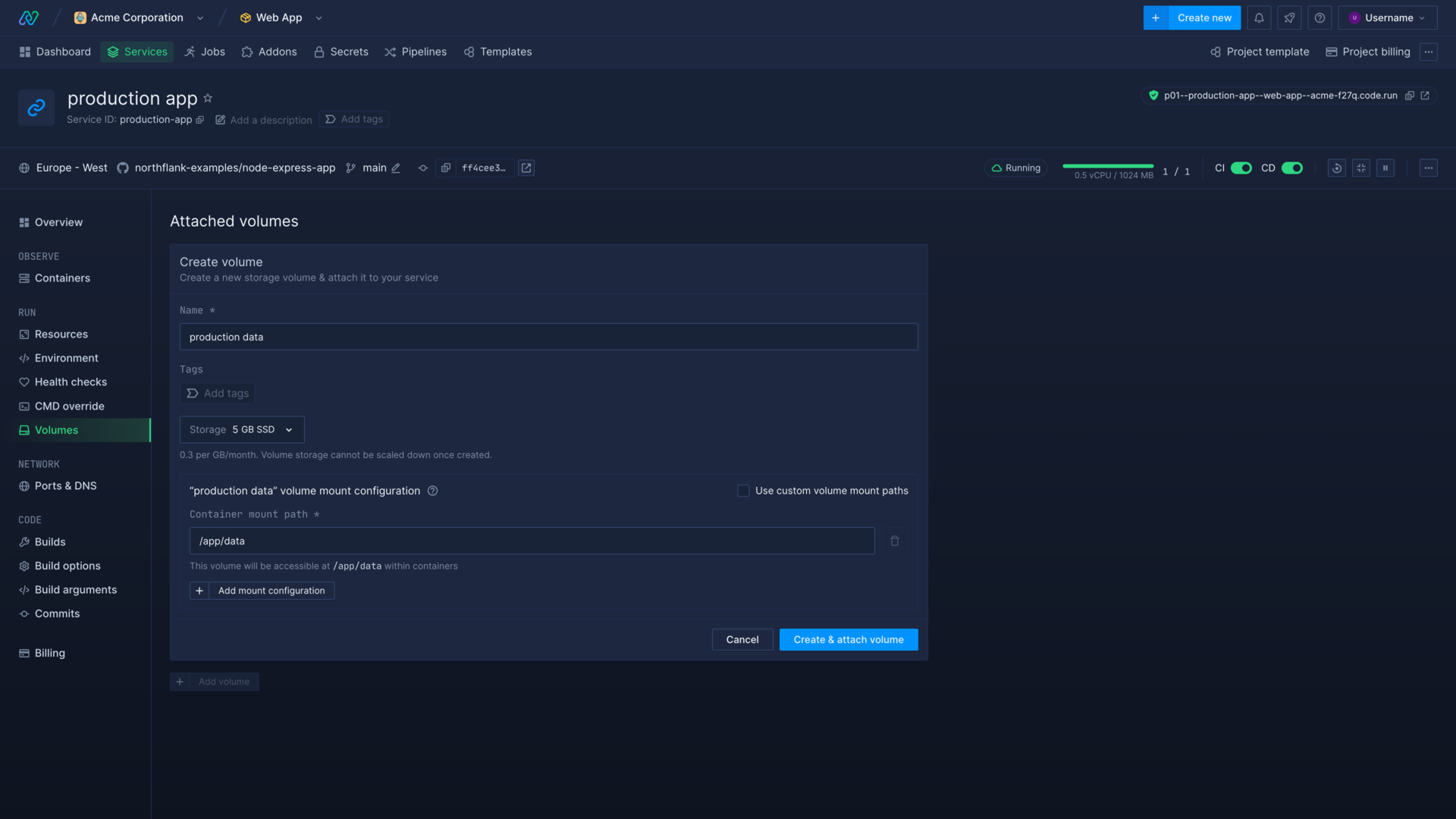 Configuring a persistent volume in the Northflank application