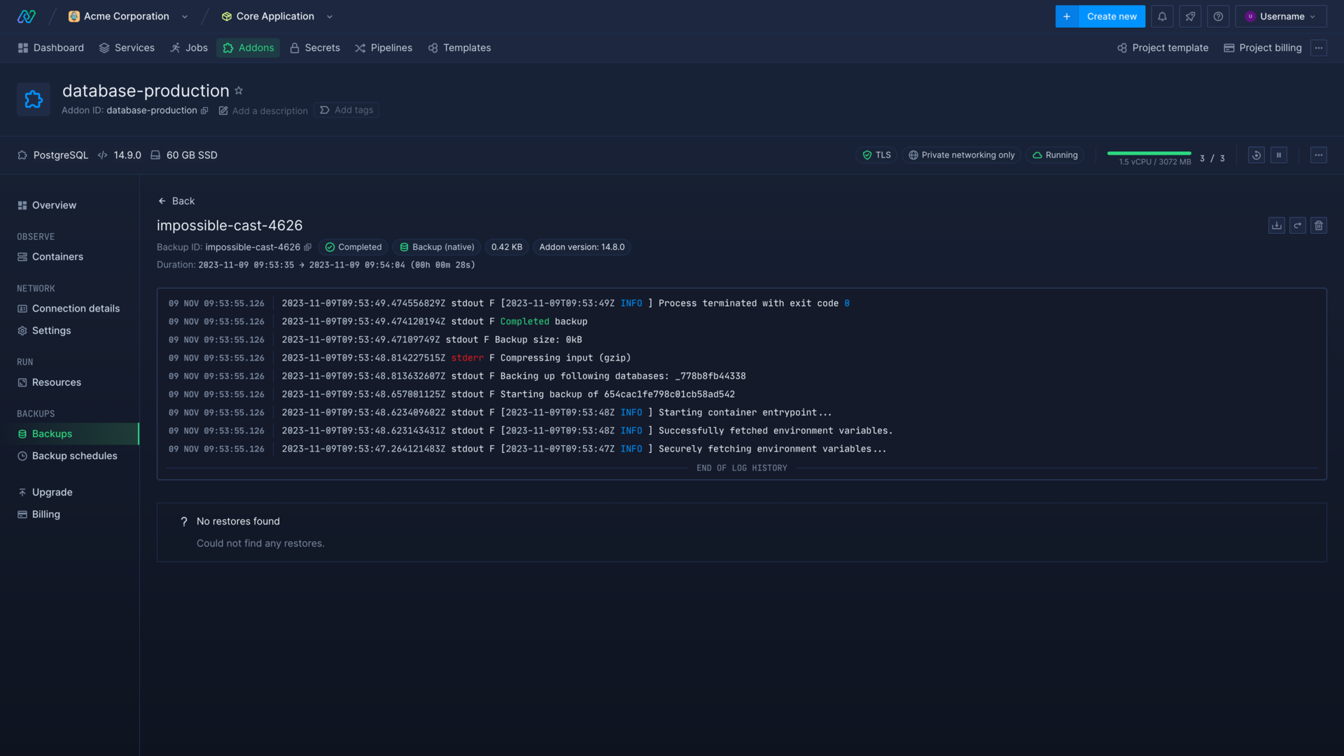 Logs for a dump backup of a MongoDB addon in the Northflank application