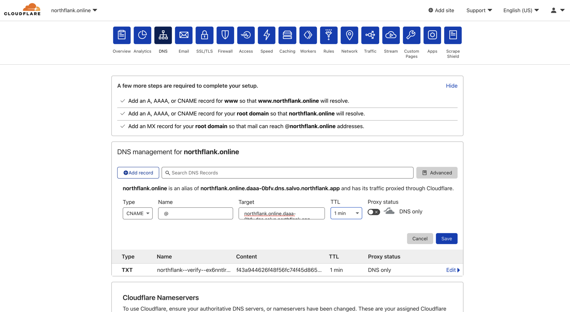 Adding a CNAME record to link an apex domain on Cloudflare