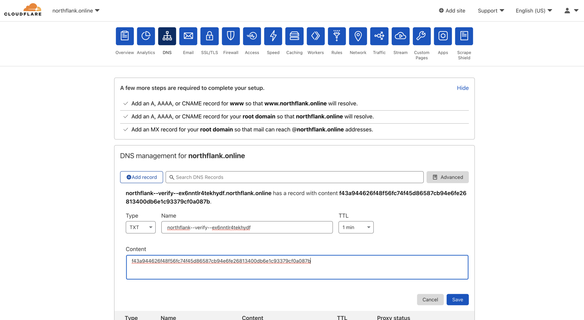 Adding a TXT record to verify a domain on Cloudflare