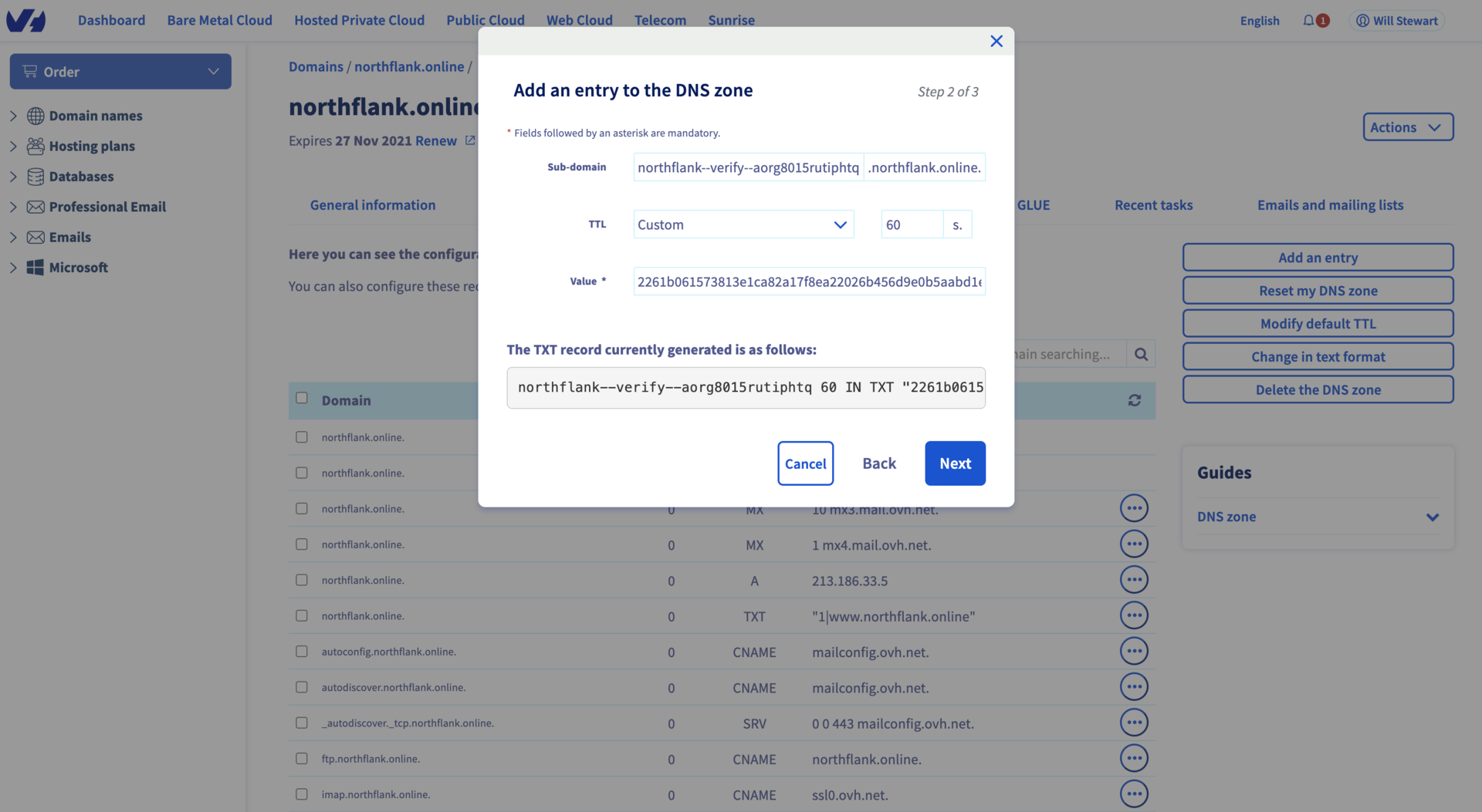 Adding a TXT record to verify a domain on OVH