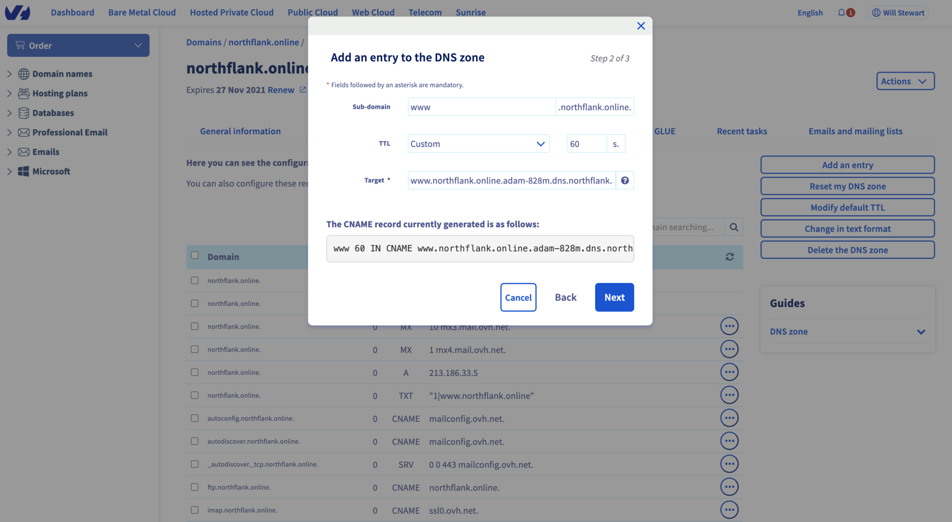 Adding a CNAME record to link a subdomain on OVH