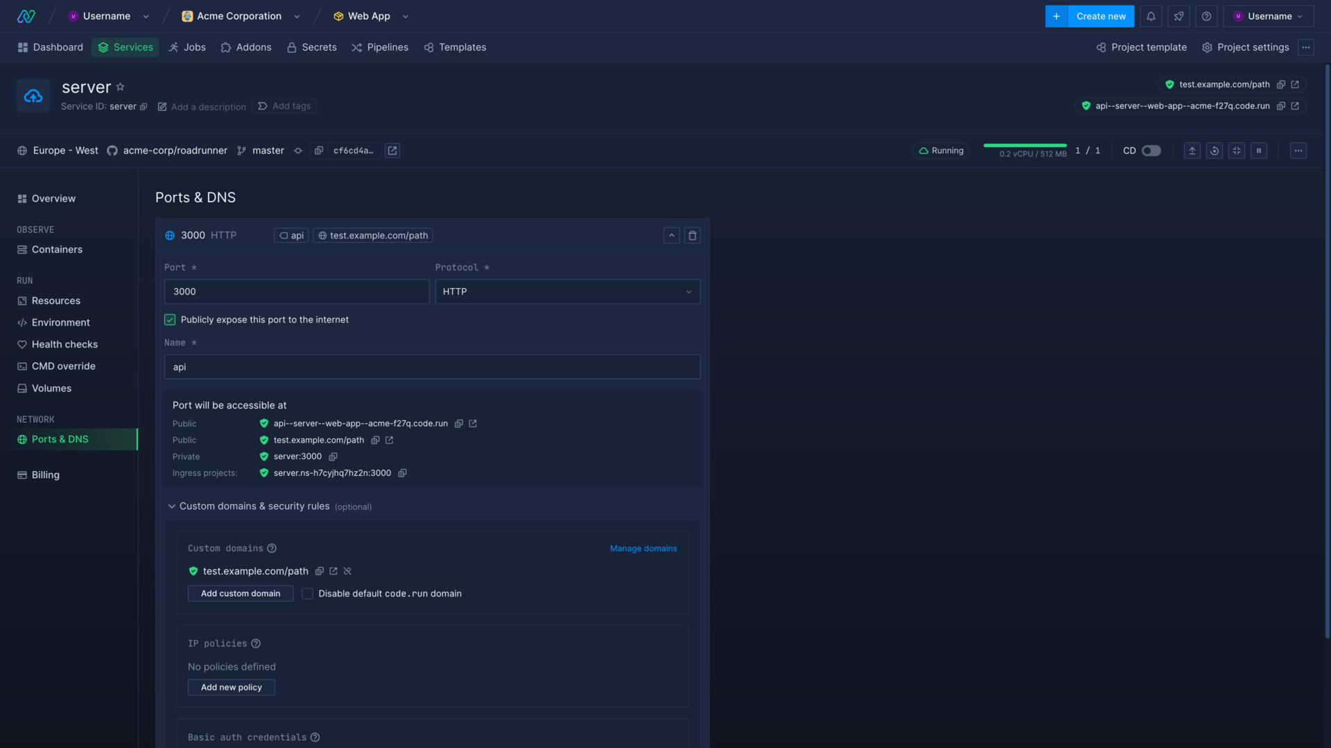 Linking a domain to a port on a combined service in the Northflank application