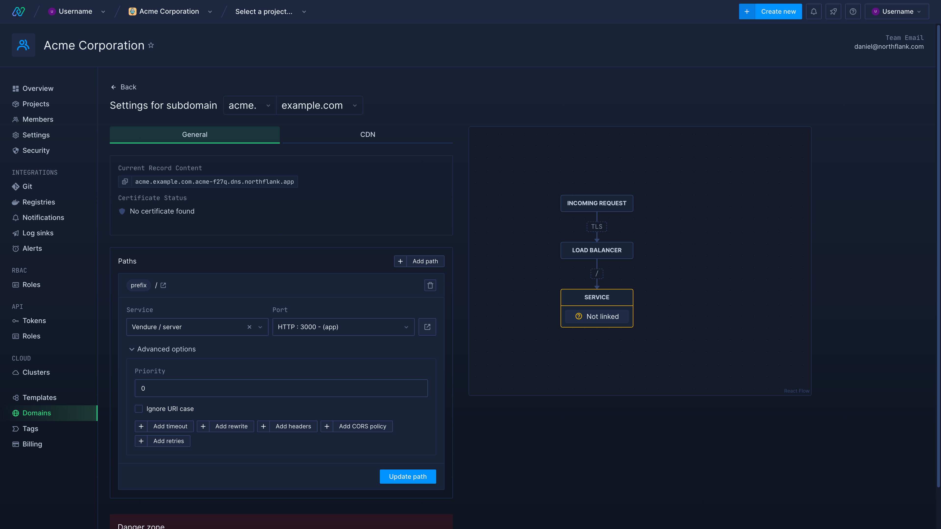 Linking a domain to a port from a subdomain settings page in the Northflank application