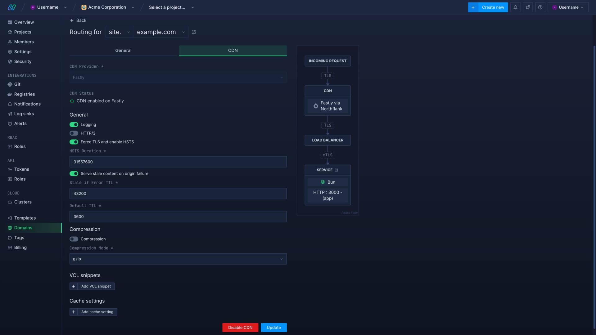 Configuring CDN settings for a subdomain in the Northflank application