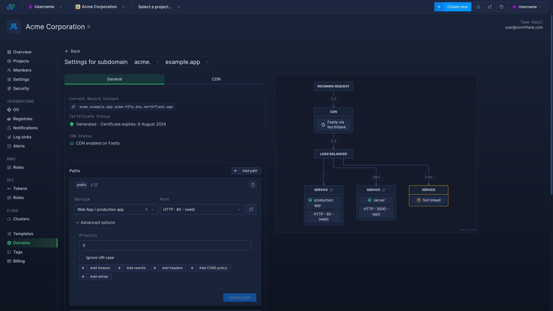 Configuring paths for a subdomain in the Northflank application