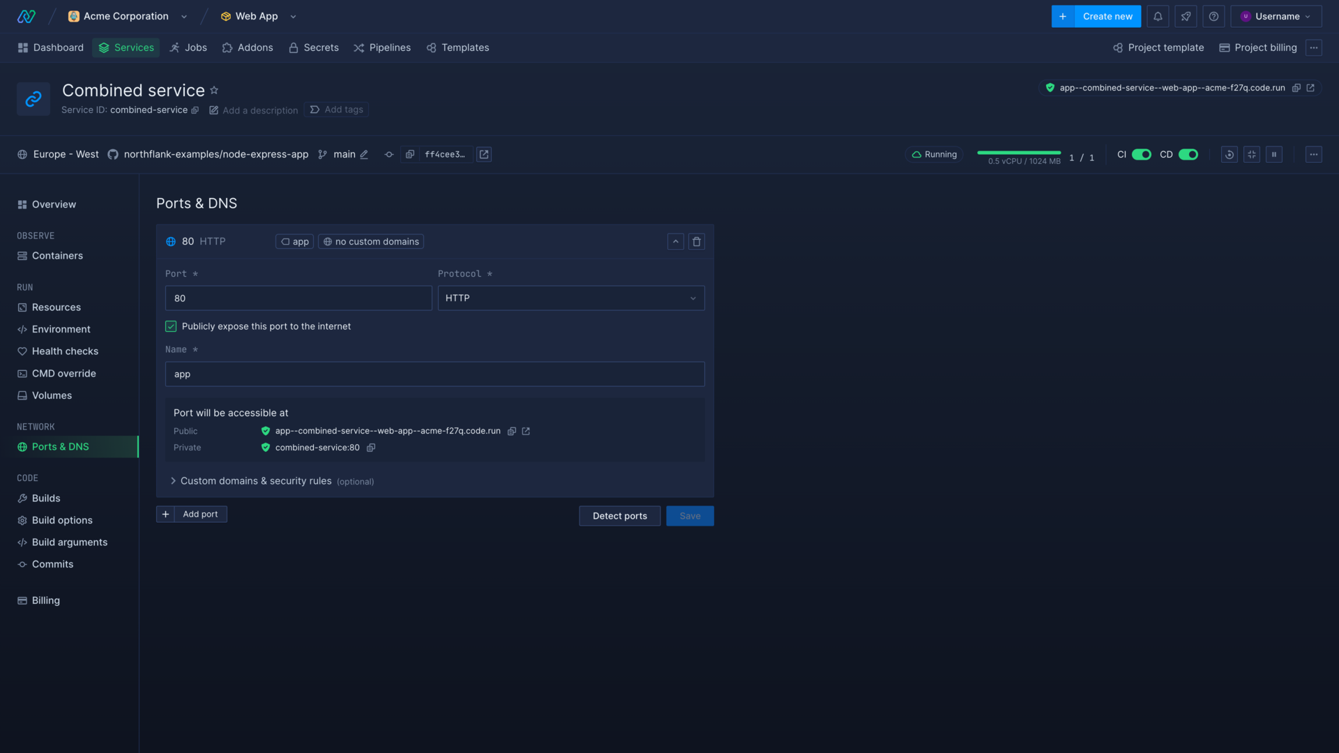 The ports and DNS configuration page for a service in the Northflank application