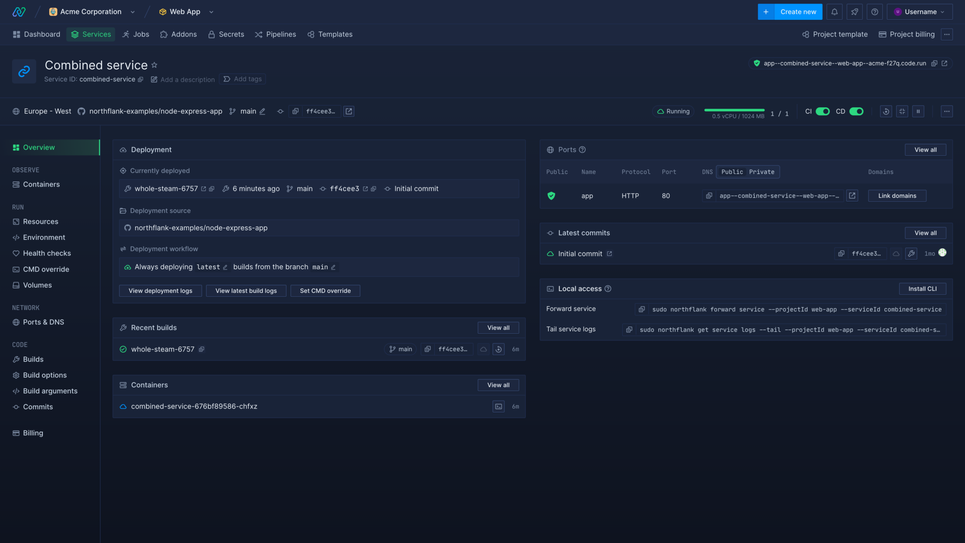 A combined service overview in the Northflank application