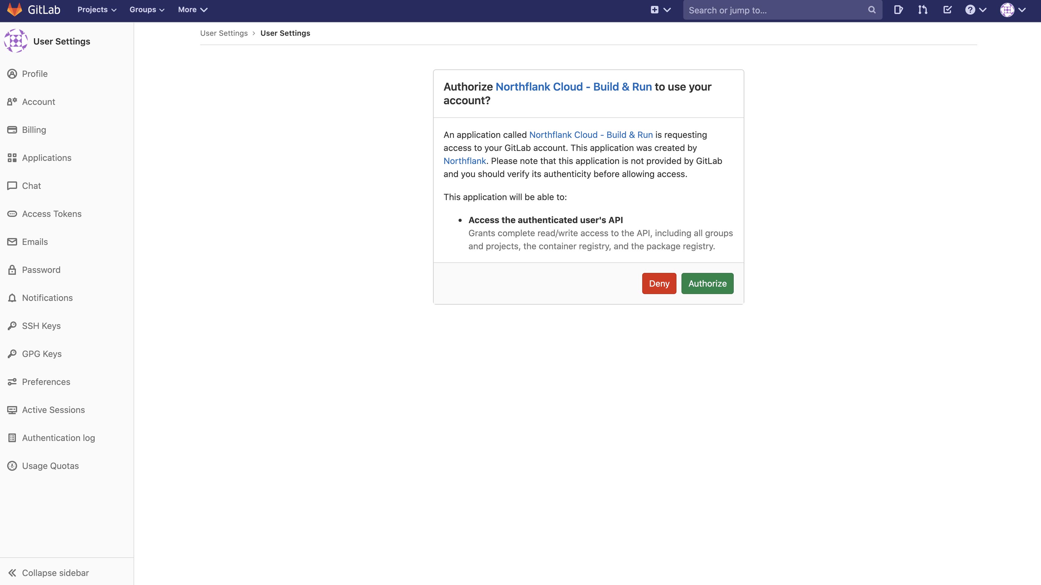 Authorising Northflank in GitLab