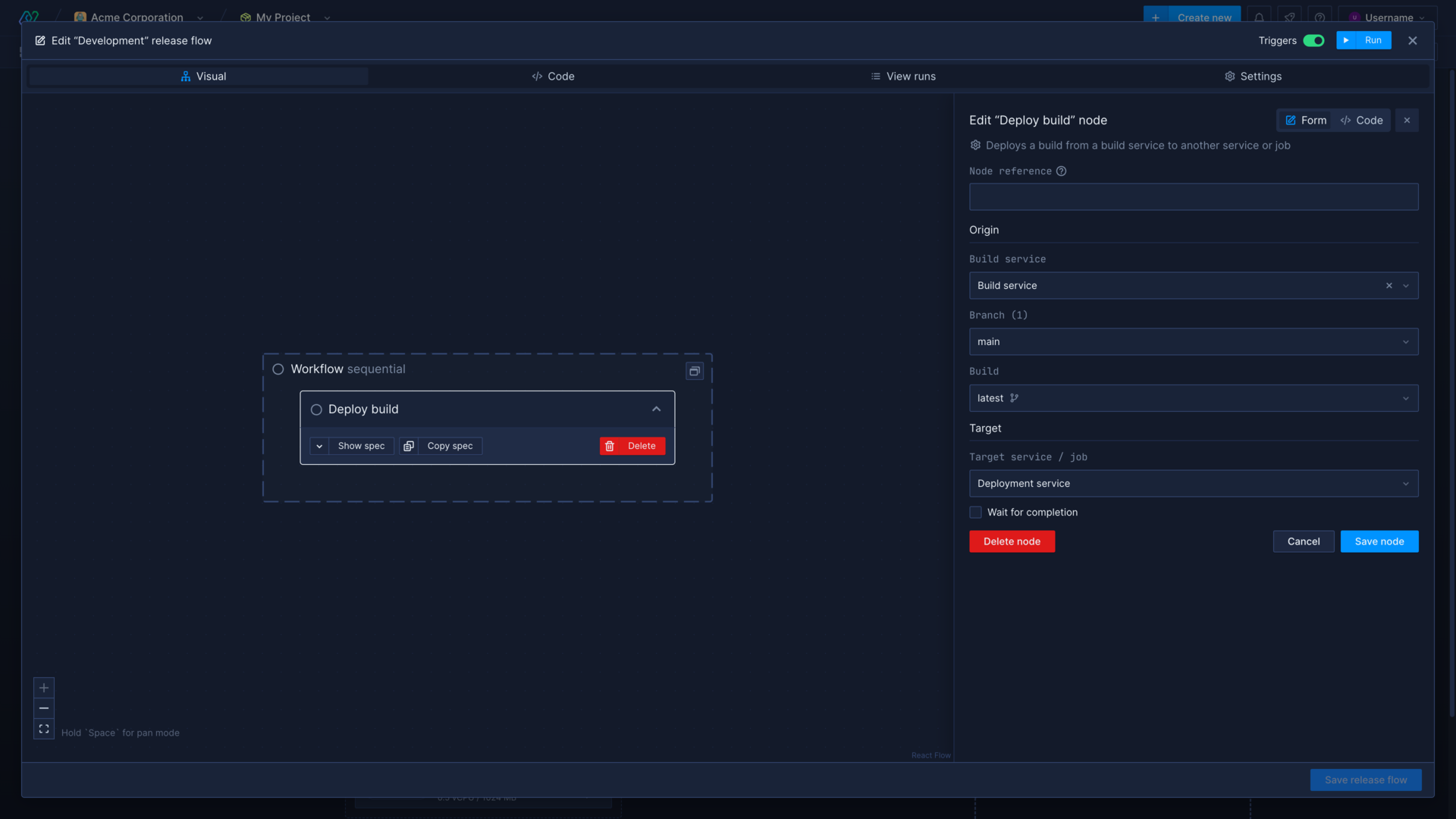 Editing a node in a release flow in the Northflank application