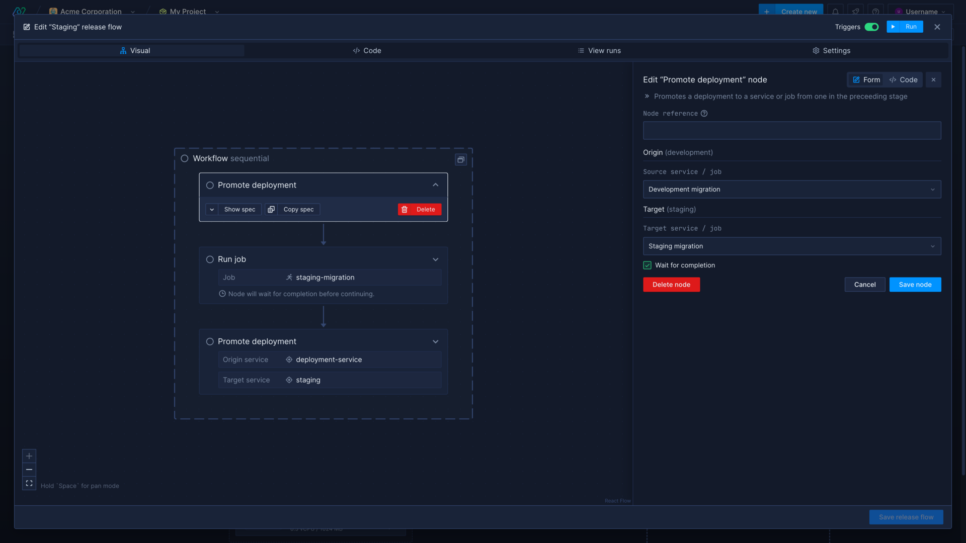 A release flow node to promote a deployment in the Northflank application