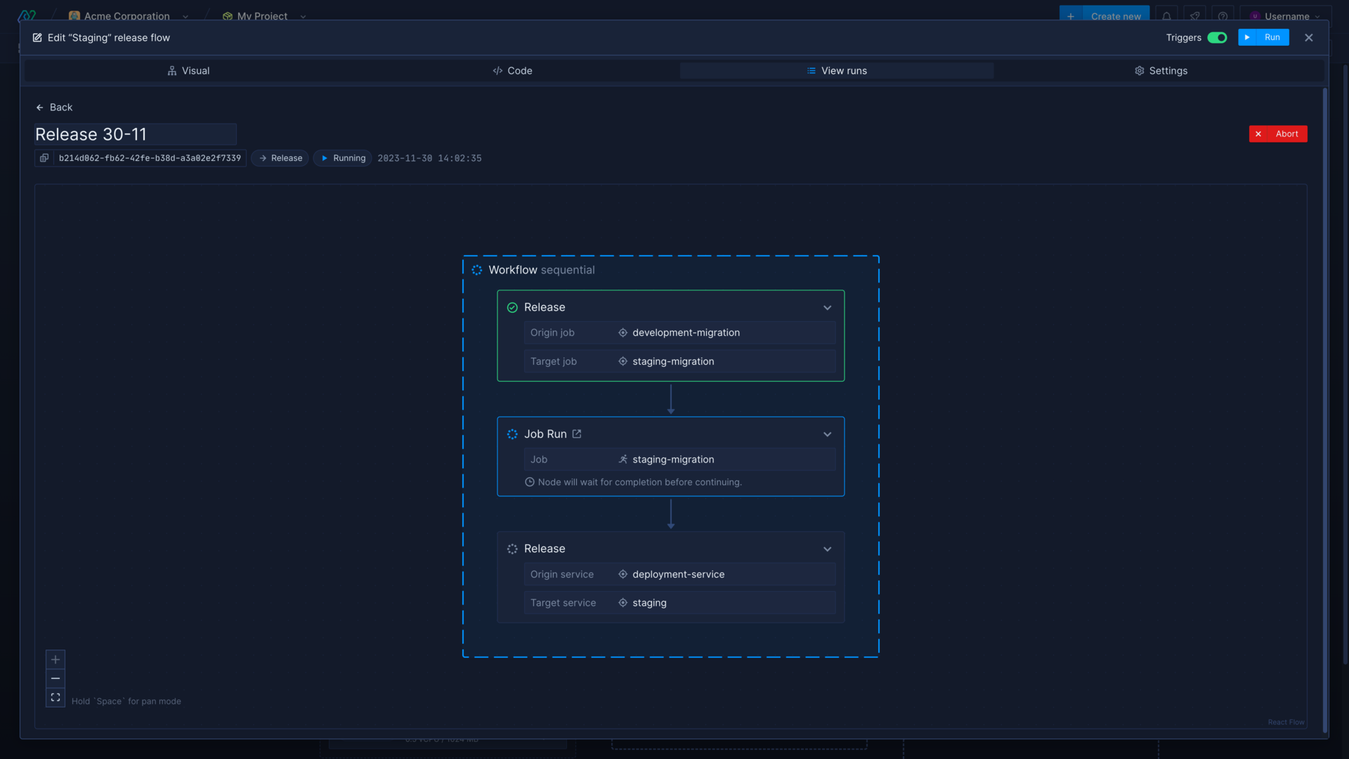 A release flow run in the Northflank application