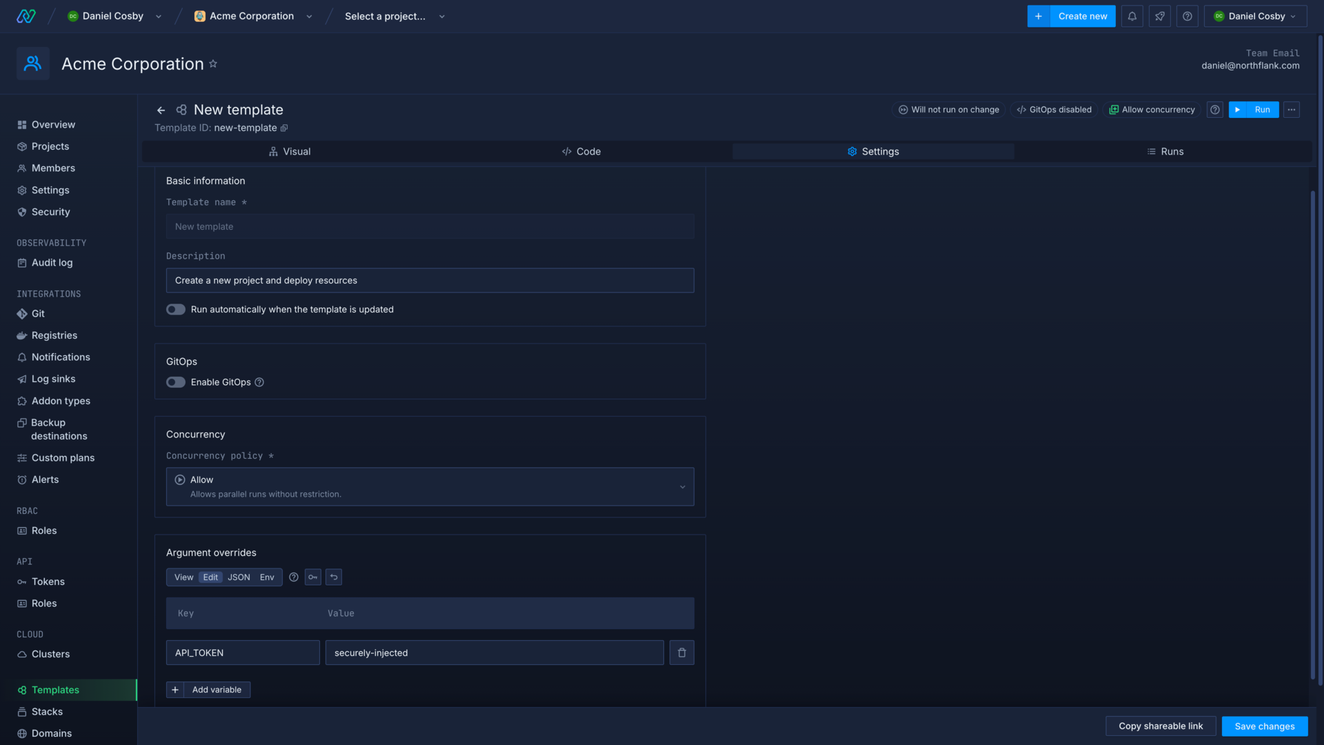 Setting argument overrides for a template in the Northflank application