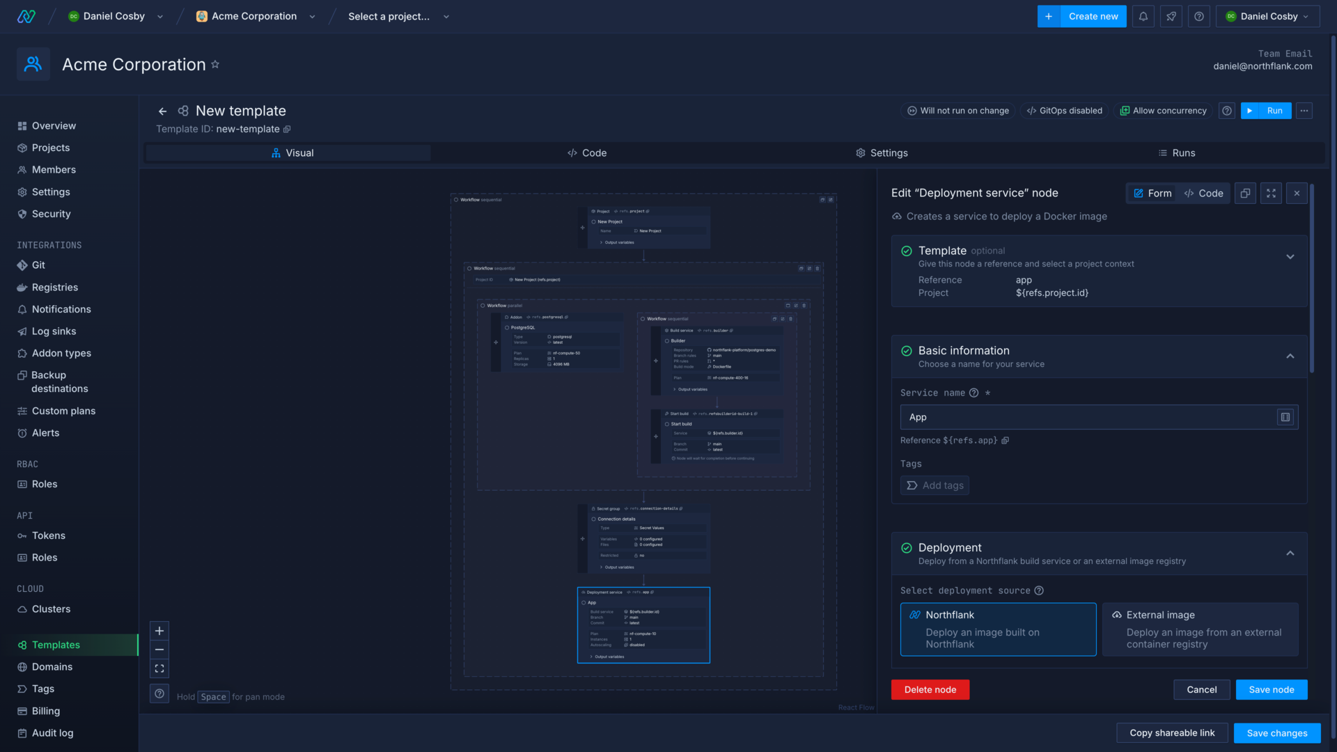 Editing a template node in the Northflank application using the visual editor