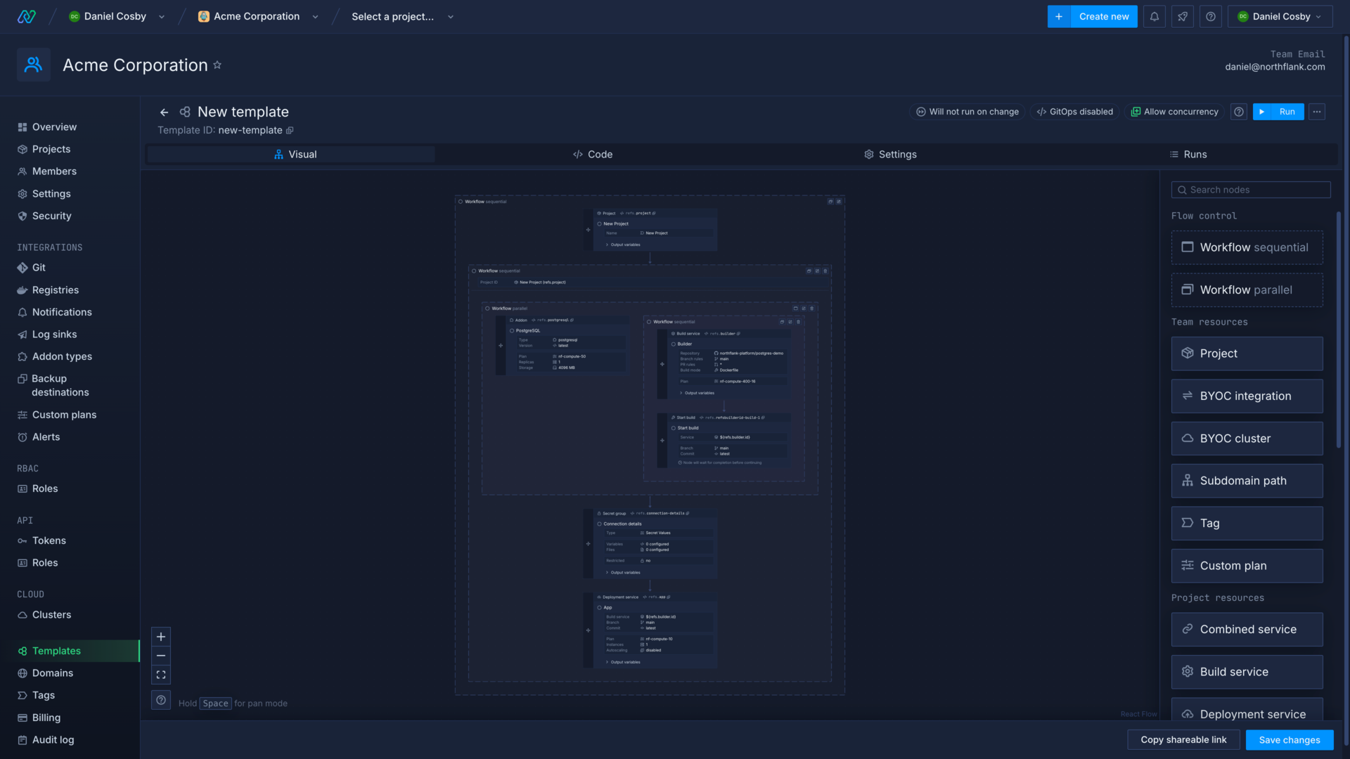 Creating a template in the Northflank application using the visual editor