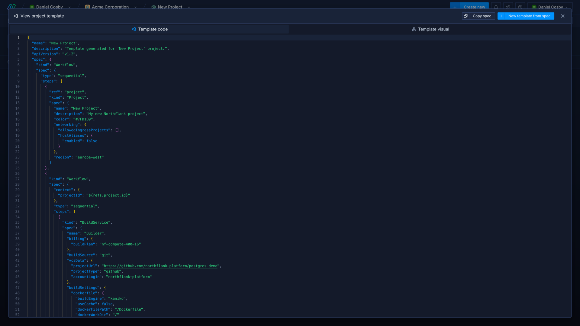 An example of a project template specification in the Northflank application