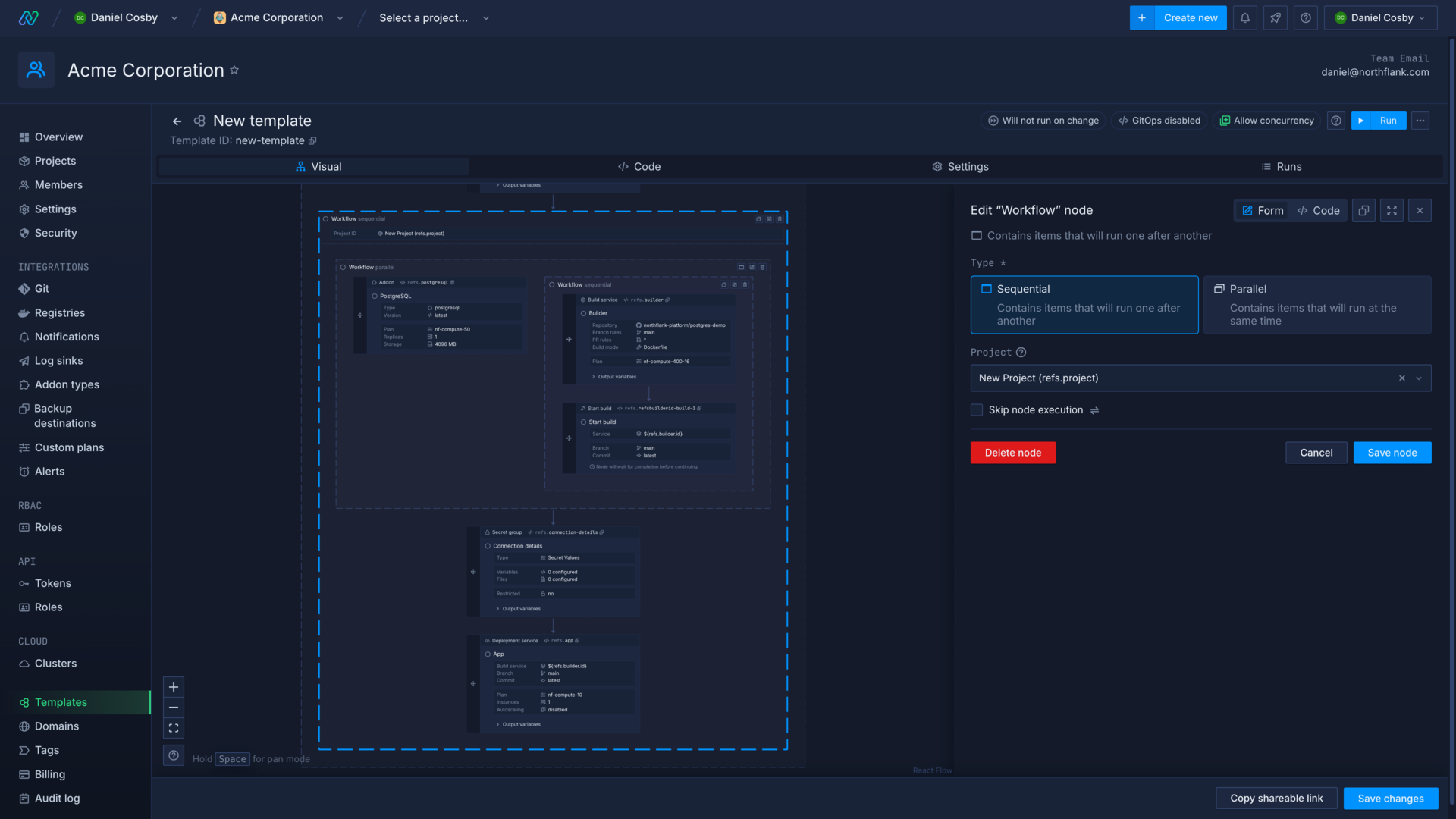 Setting the project context for a workflow in the Northflank application