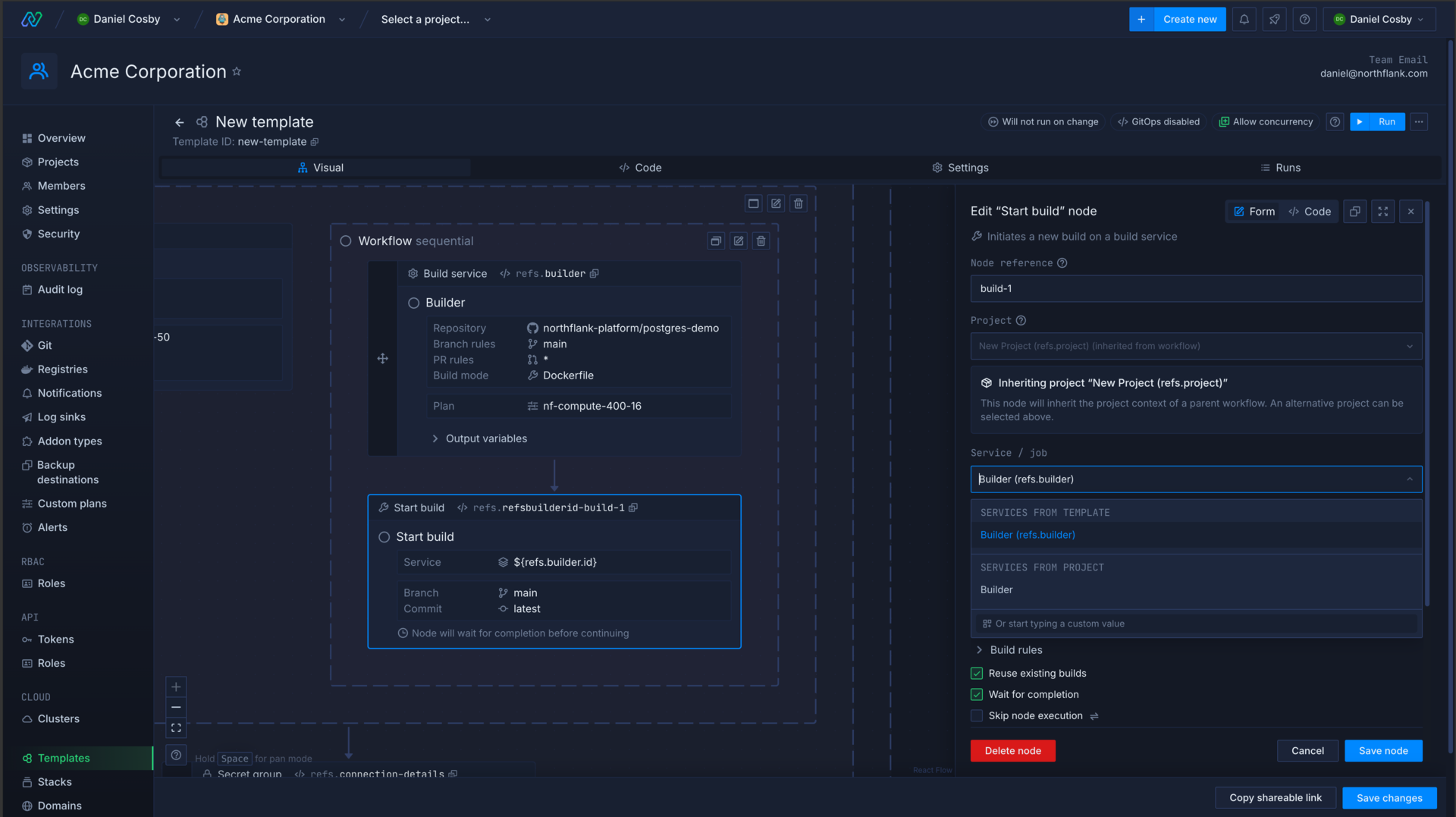 Getting a build service by reference in a template build node in the Northflank application