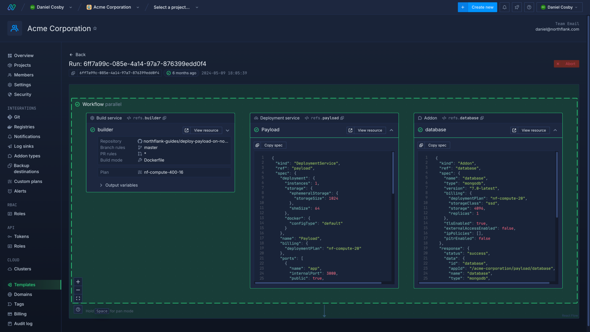 The response for a node from a template run in the Northflank application