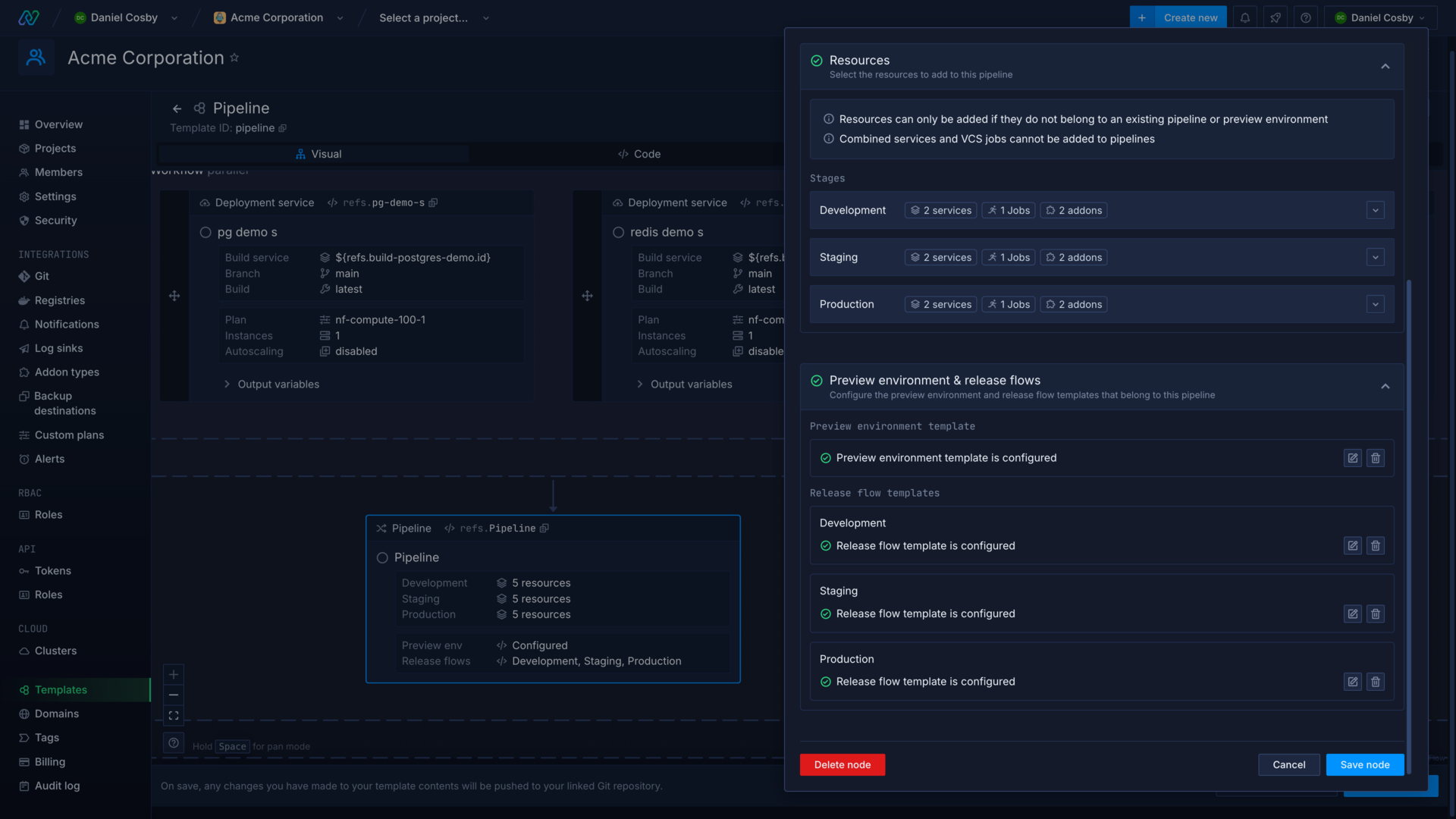 A pipeline node in a template in the Northflank application