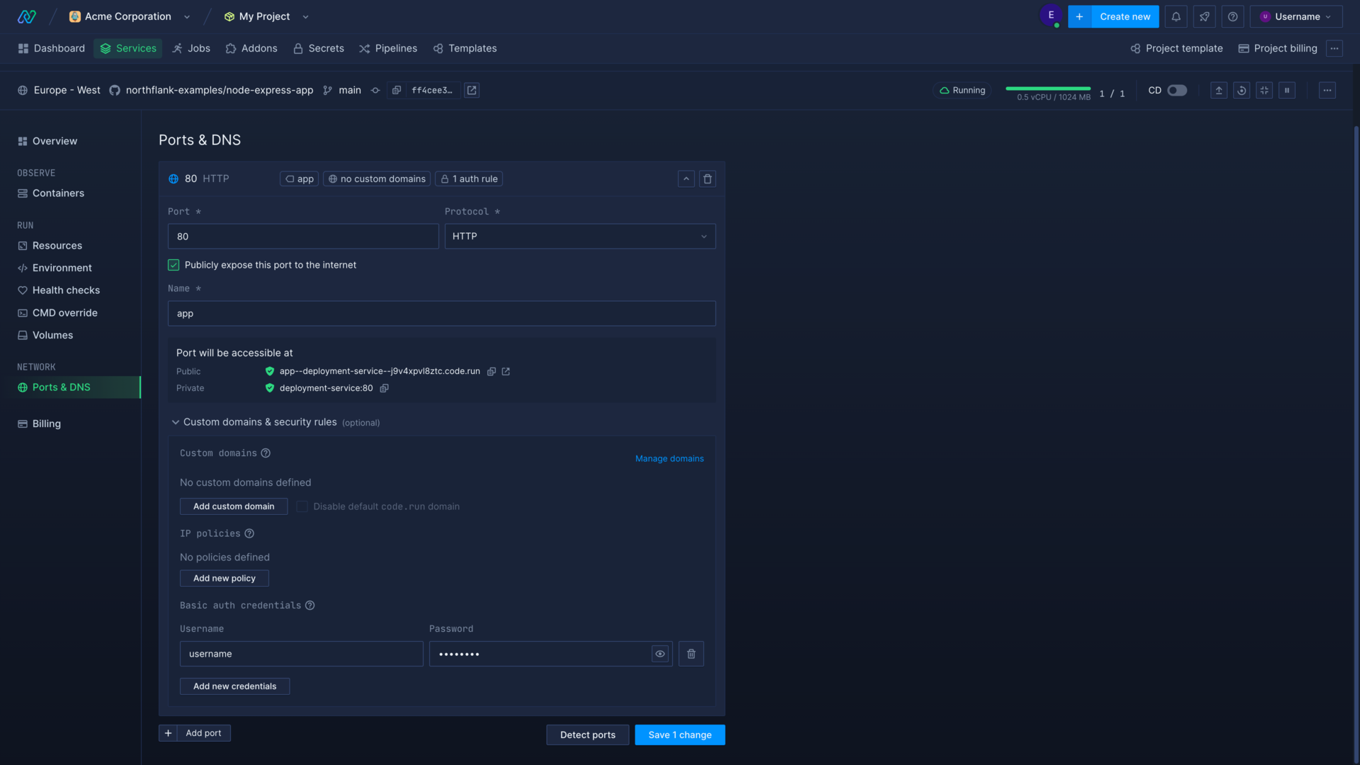 Configuring basic authentication on a port for a deployment service in the Northflank application