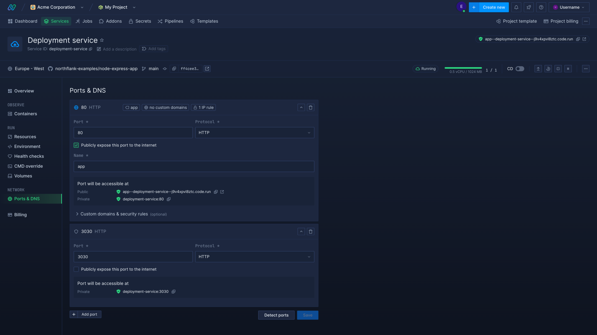 Configuring ports for a deployment service in the Northflank application