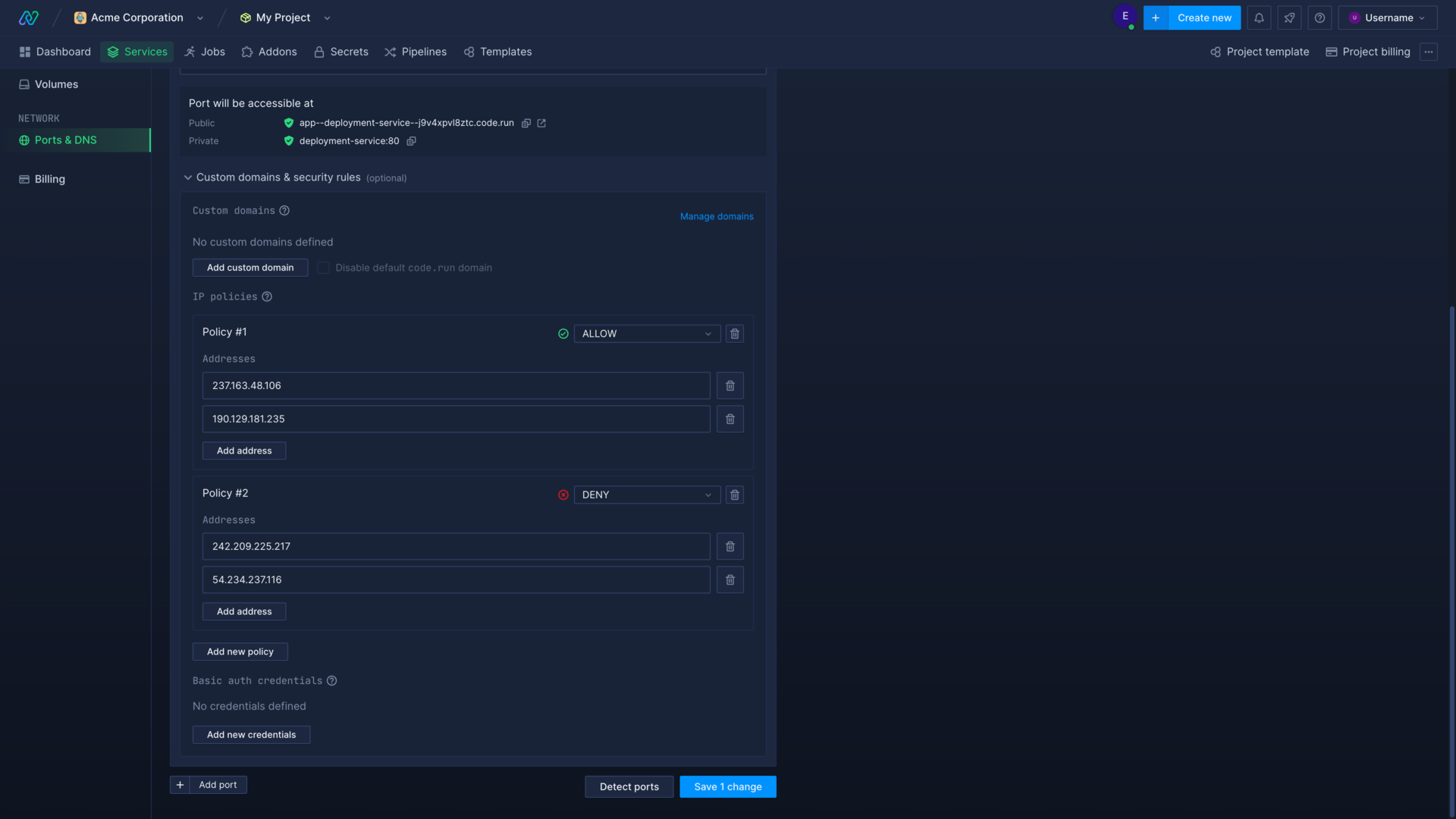 Configuring IP policies for a port for a deployment service in the Northflank application