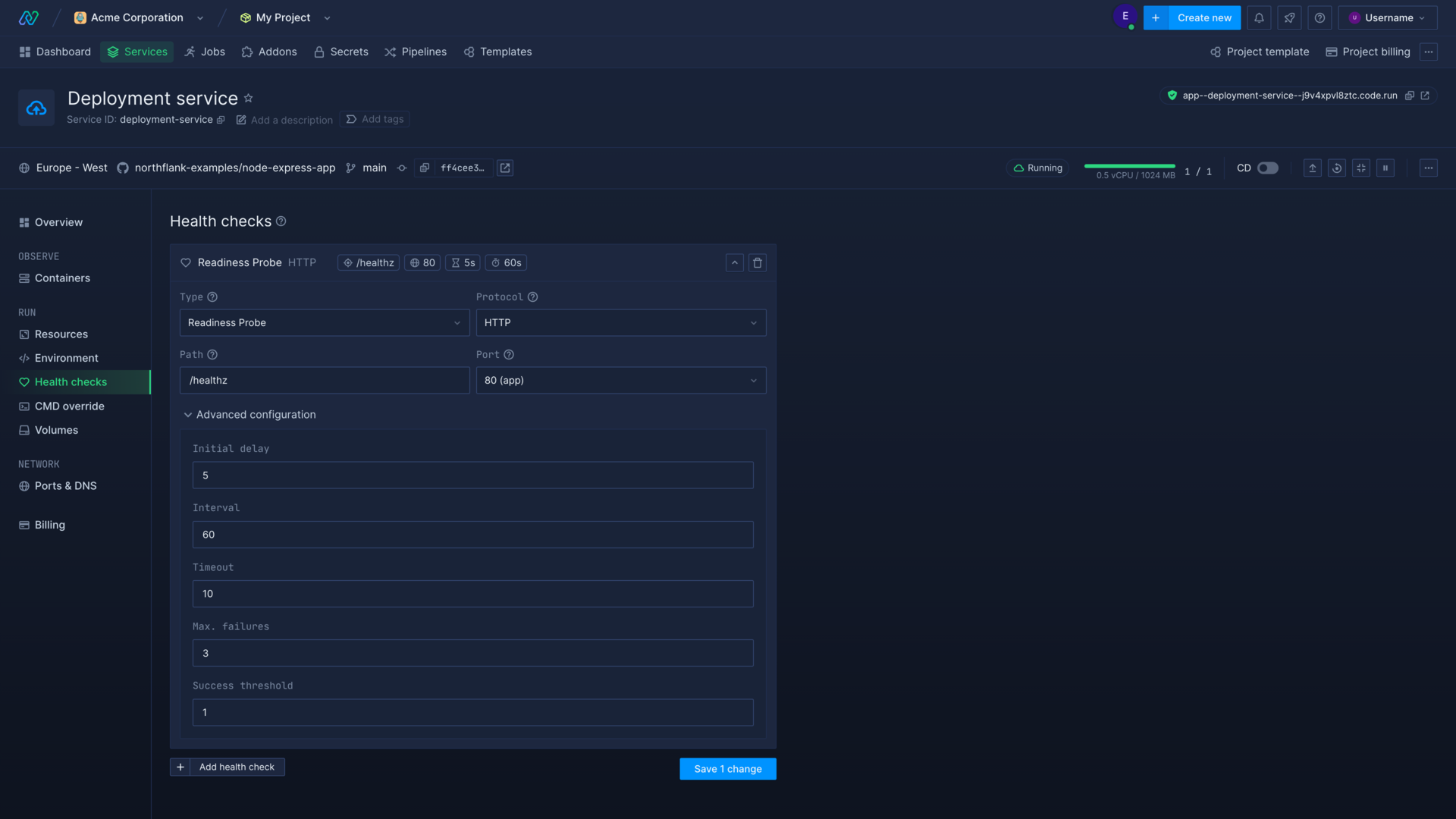 Creating a readiness probe for a deployment service in the Northflank application