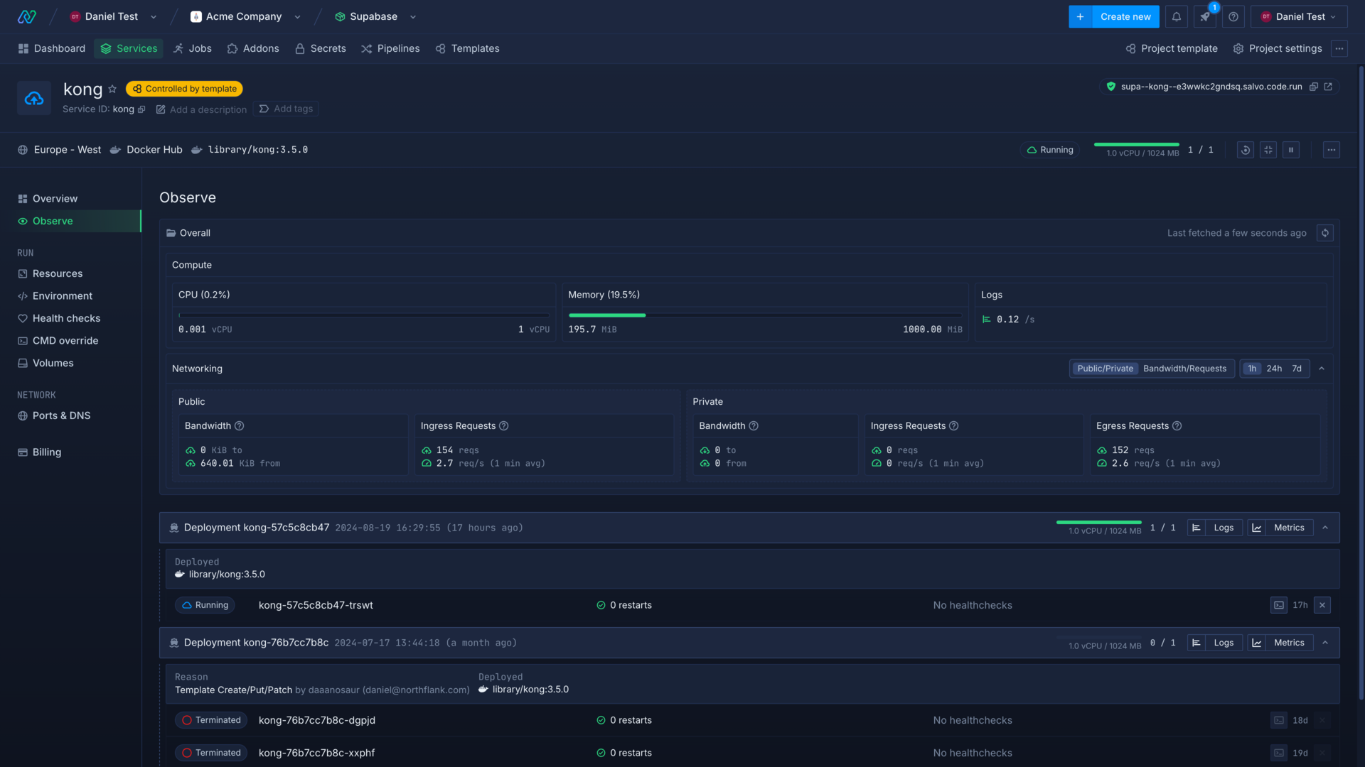 Viewing the observe page for a service in the Northflank application