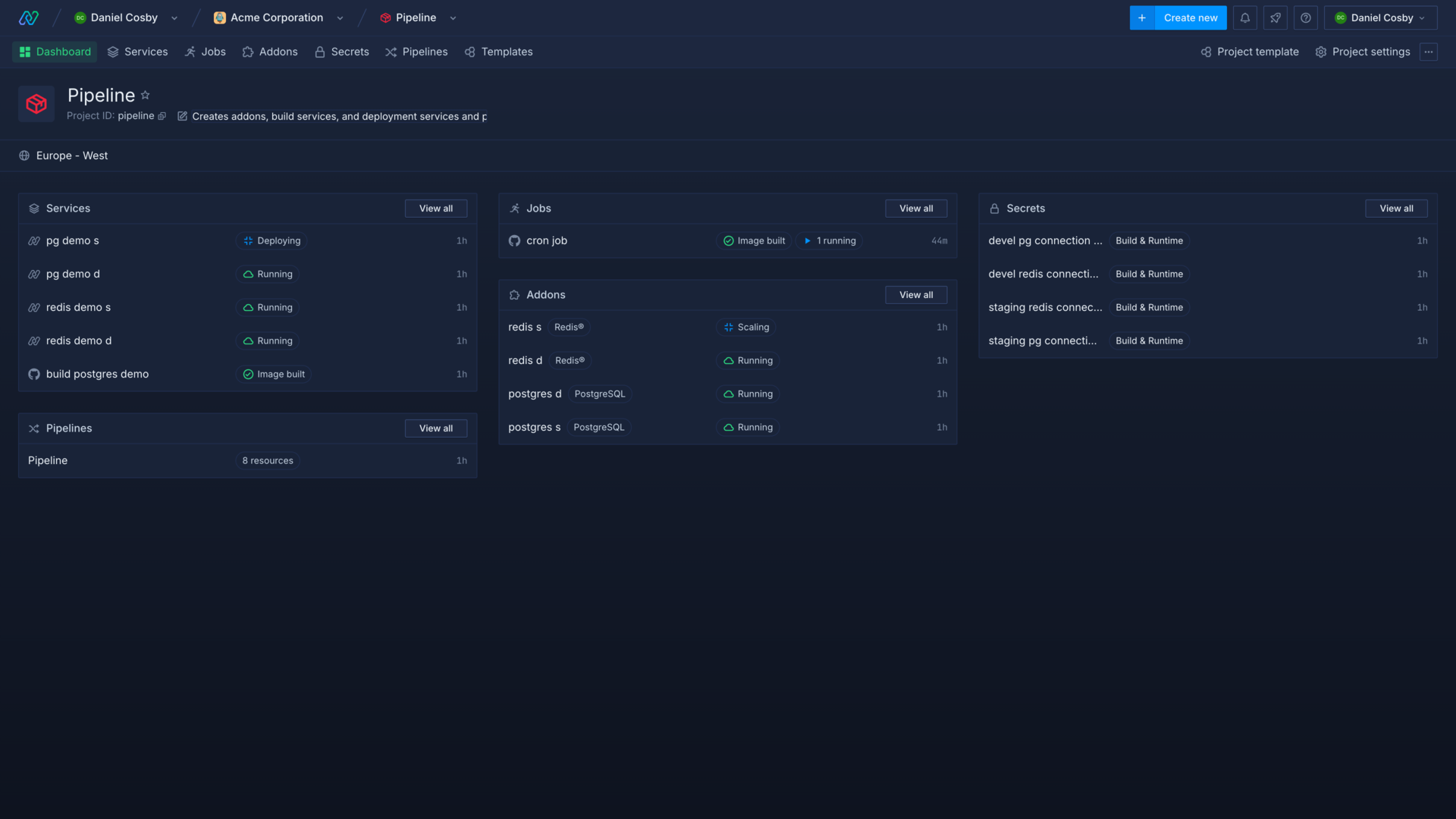 Viewing the project overview showing services, job, and addon statuses in the Northflank application