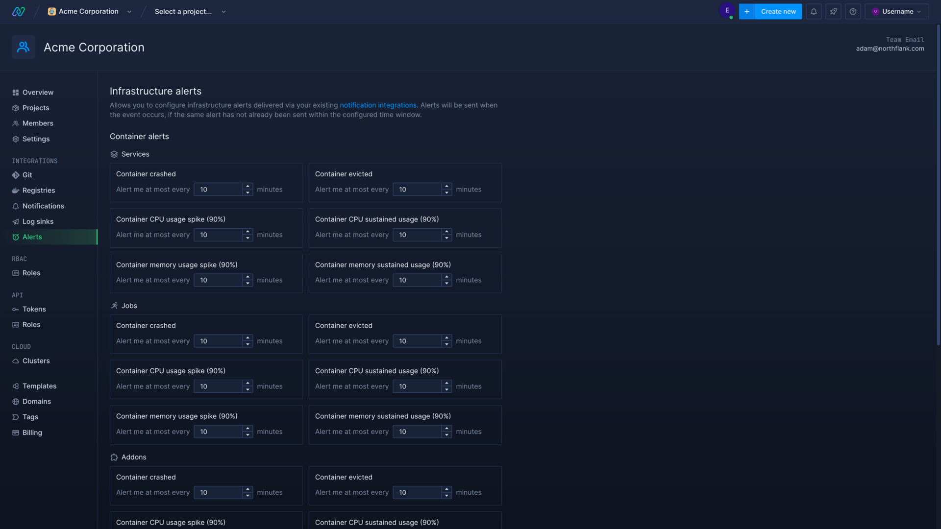 Configuring infrastructure alerts in the Northflank application