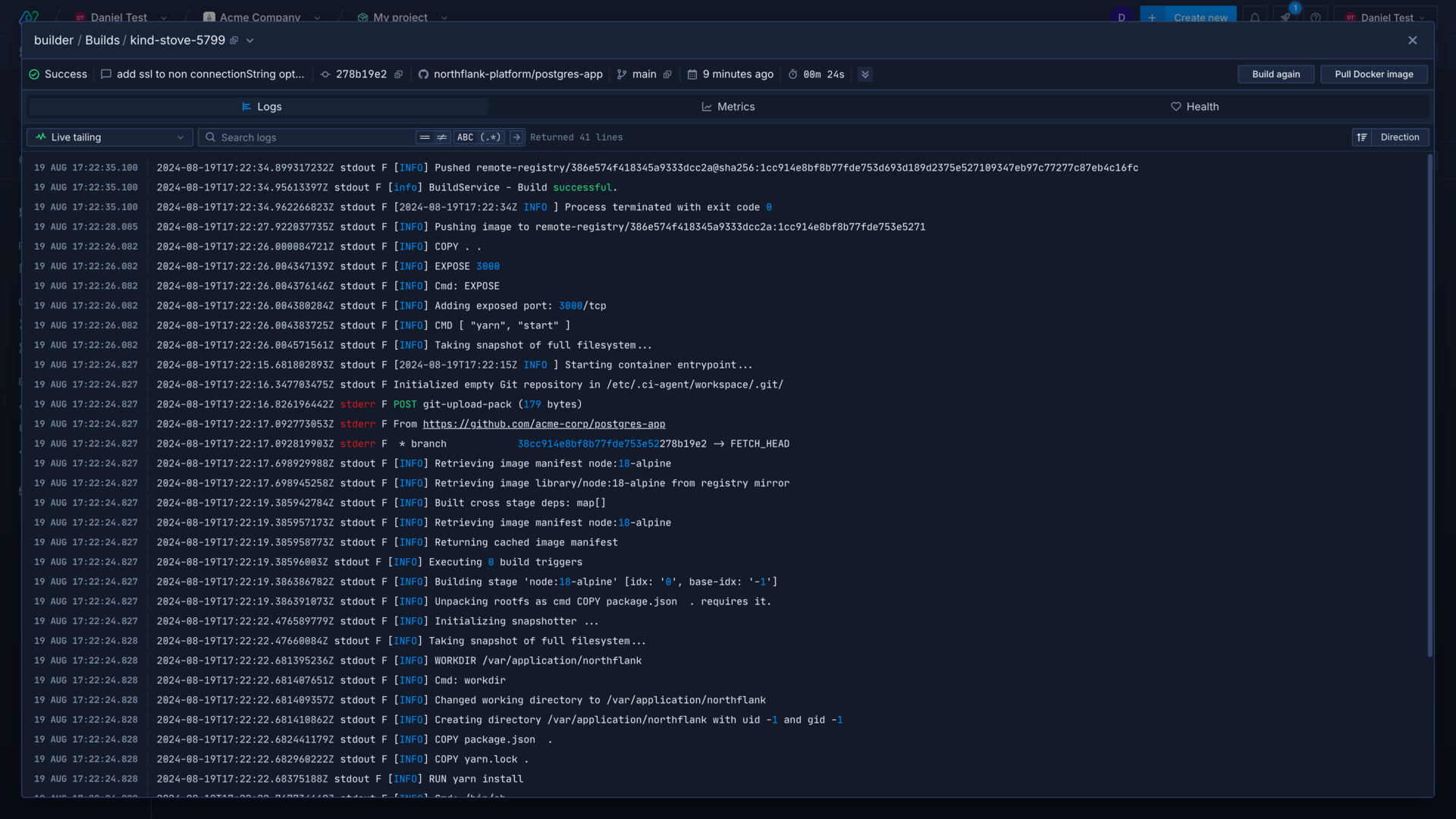 Viewing build logs from a build in the Northflank application