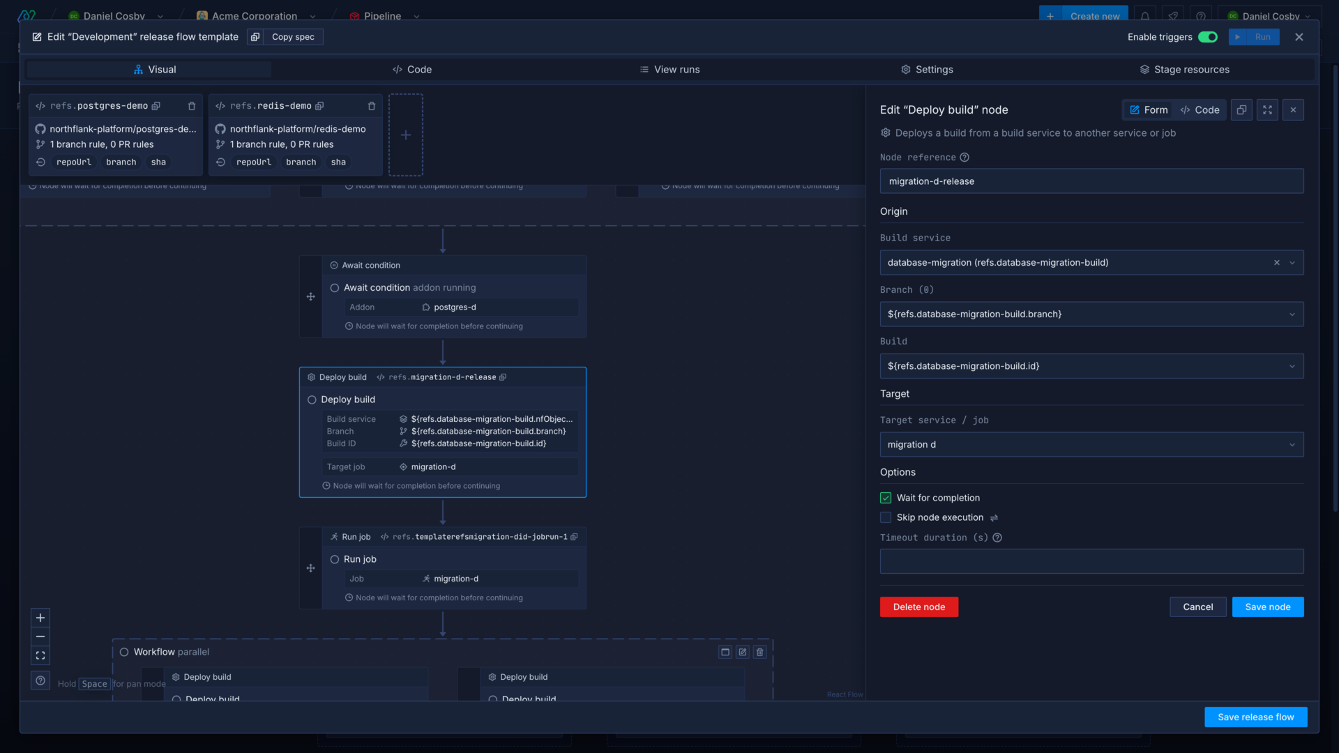 The release flow visual editor in the Northflank application showing node configuration